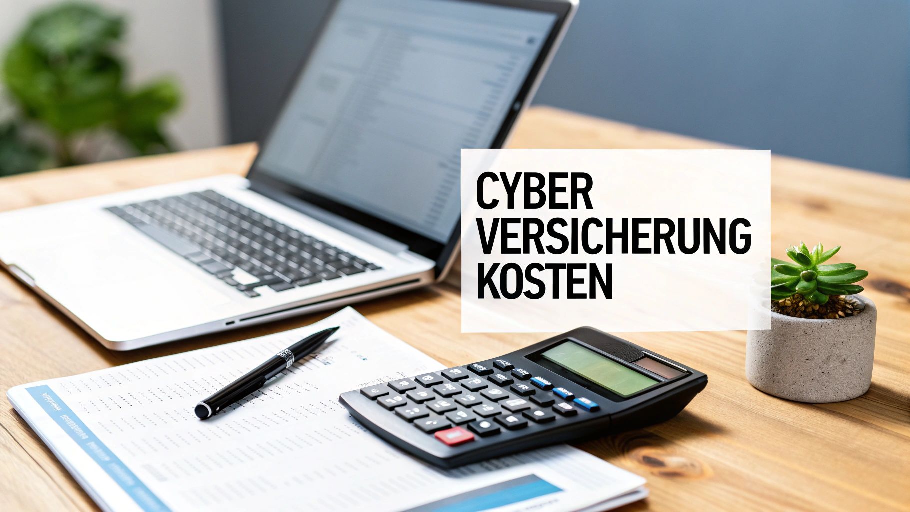 Bürotisch mit Laptop, Taschenrechner, Dokumenten, Stift und dem Textfeld 'CYBER VERSICHERUNG KOSTEN'.