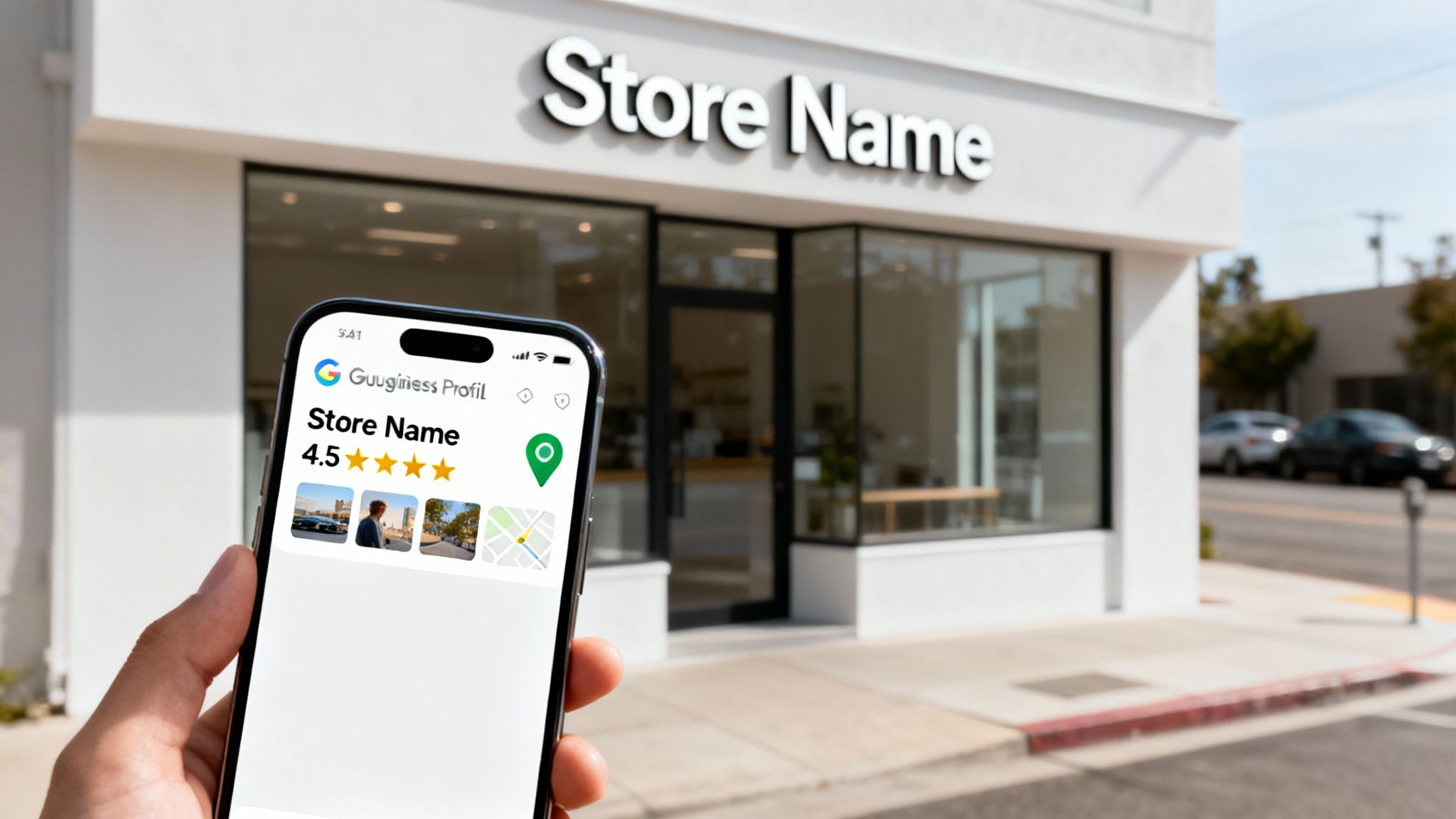 Hand holding smartphone displaying Google Business Profile with store rating in front of physical storefront