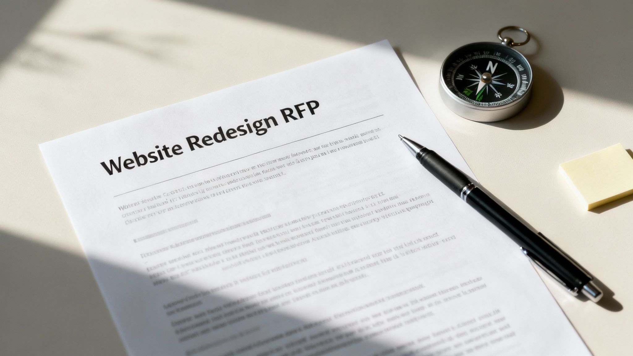 A team of professionals collaborating on a website redesign plan around a large table, indicating the importance of a well-structured RFP.