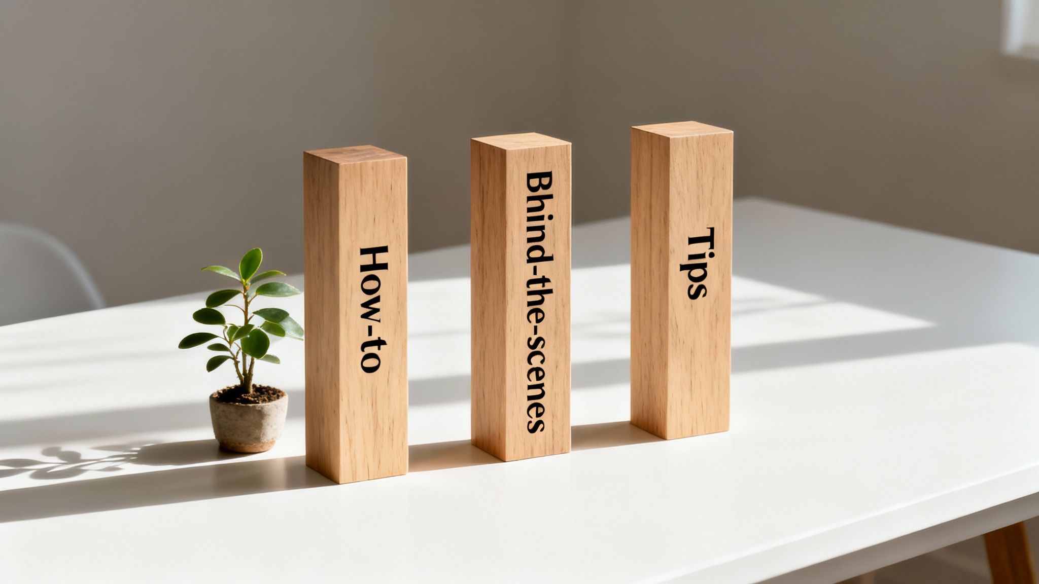 Three wooden blocks displaying how-to, behind-the-scenes, and tips content marketing concepts with small plant