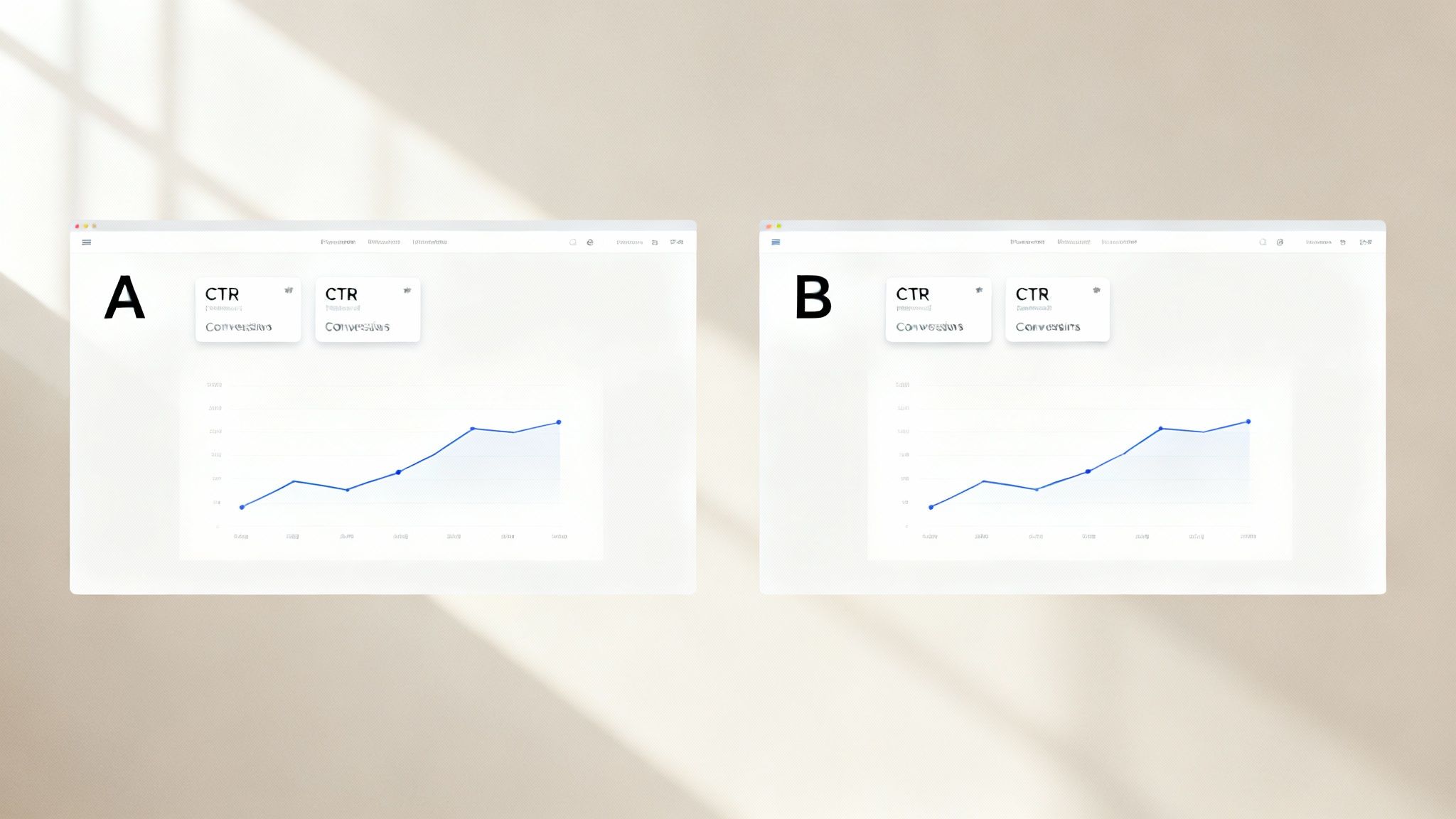 Side by side comparison of two analytics dashboards showing CTR metrics and conversion line graphs