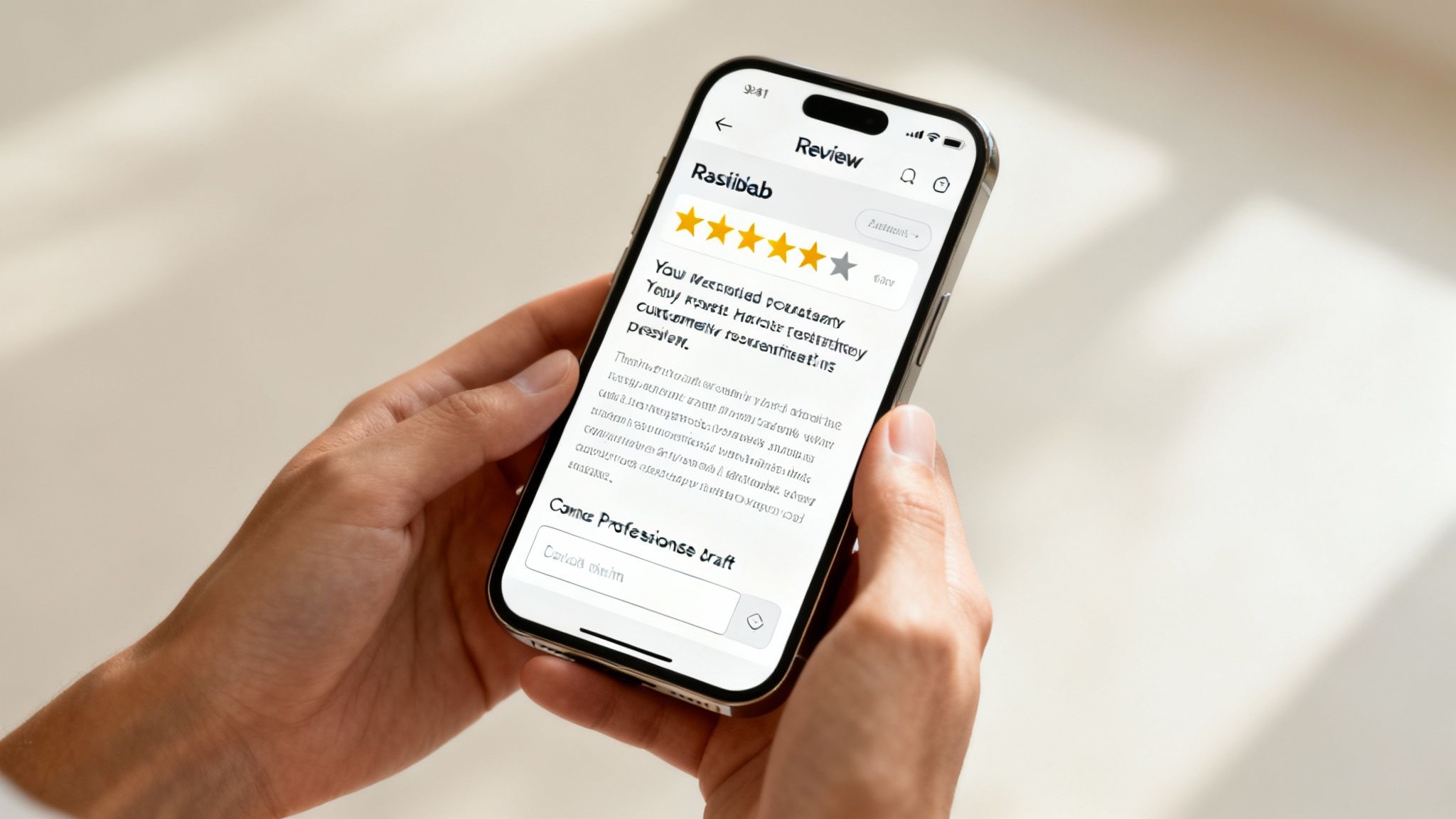 Person holding smartphone displaying restaurant review app with five star rating and customer feedback