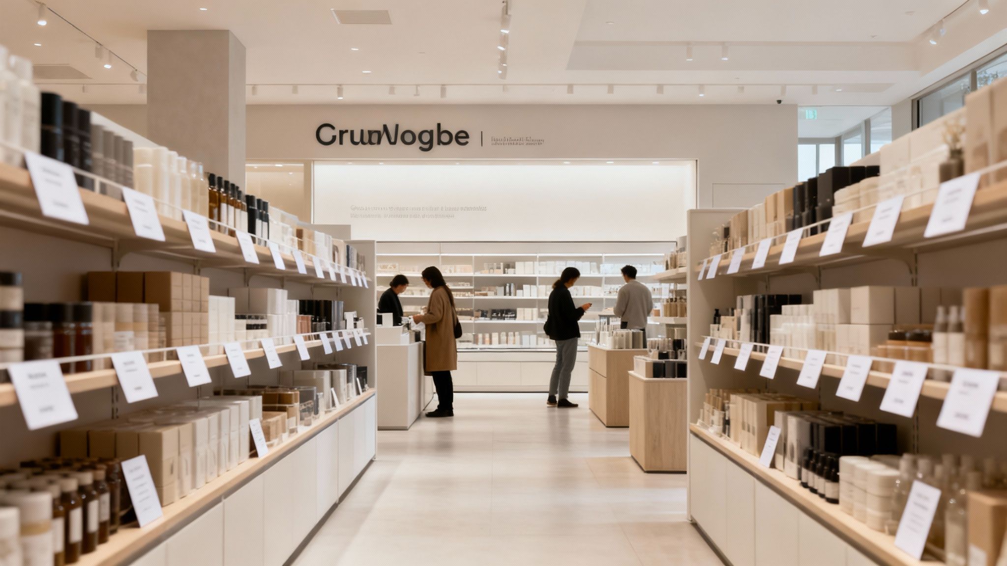 Customers browse minimalist products in a bright, modern retail store with shelves of packaged goods.