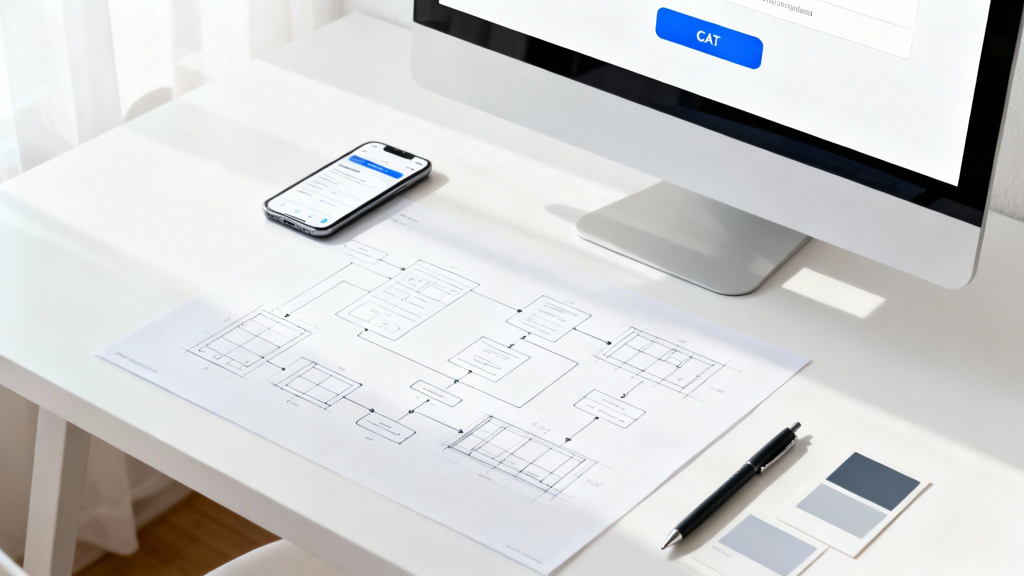 A person sketching out a website layout on a whiteboard.