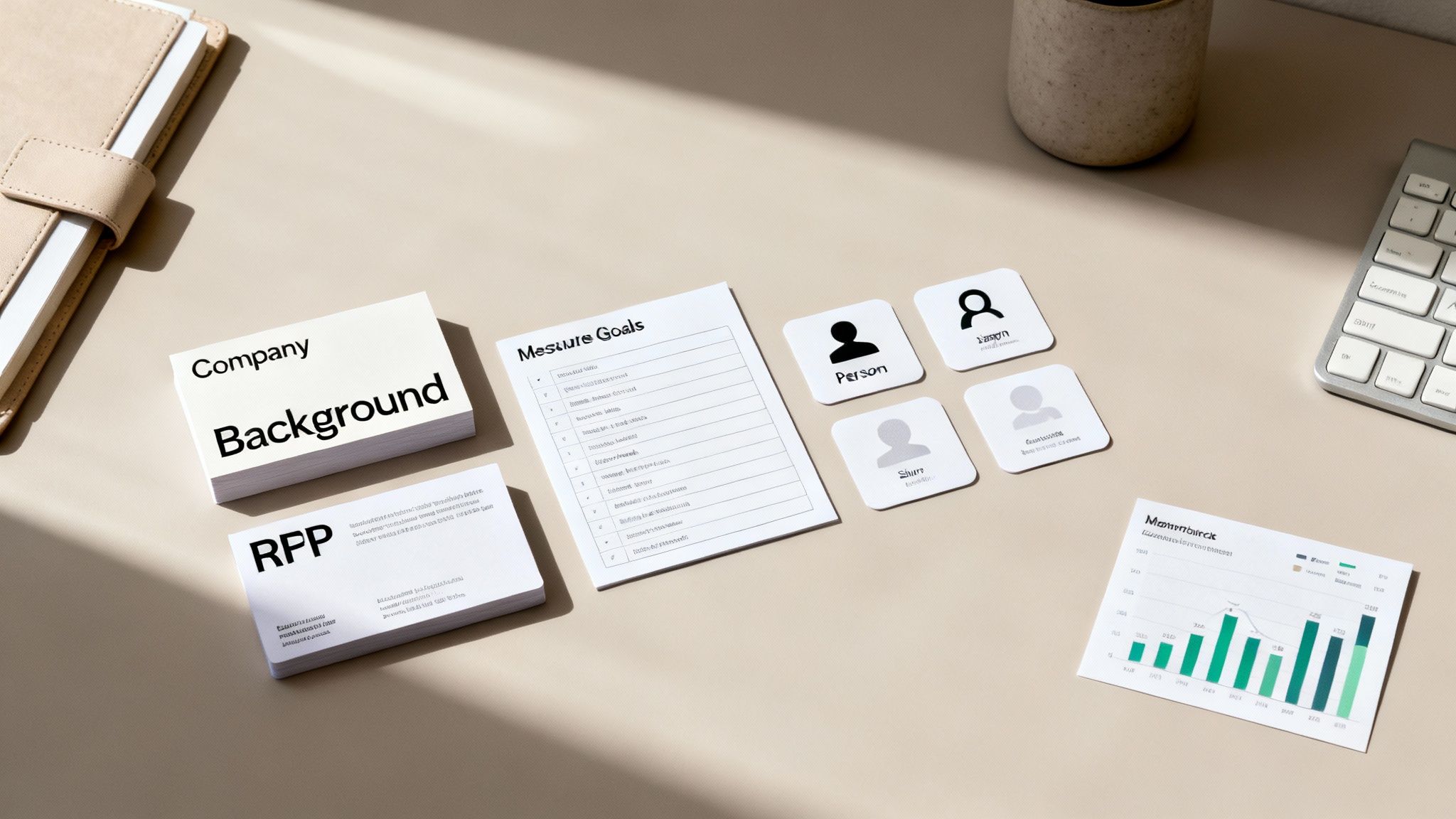 Flat lay of a professional desk with business documents, company background cards, goal list, and team member icons.