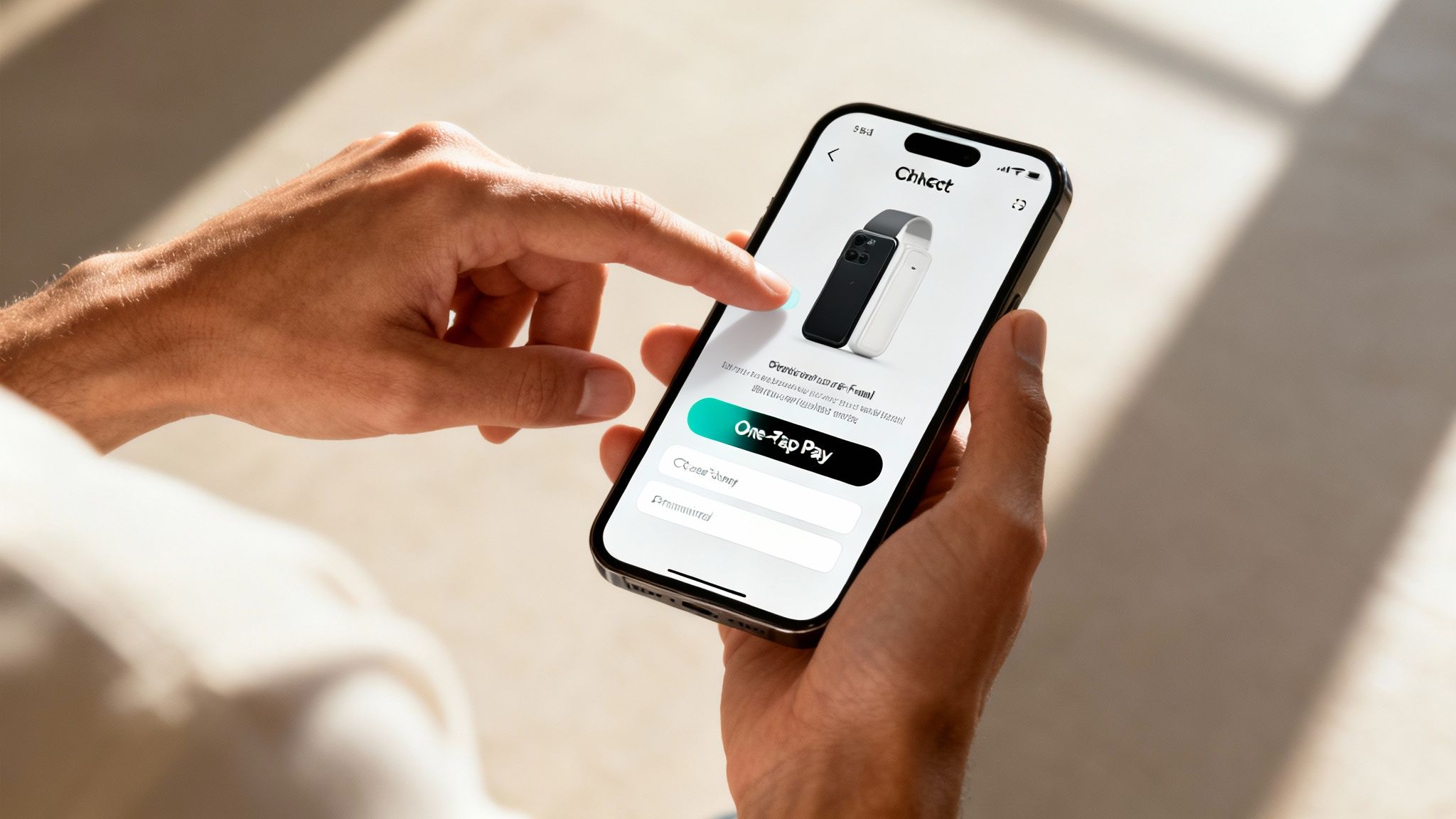 A smartphone displaying a streamlined mobile checkout process with a shopping cart icon and a credit card.