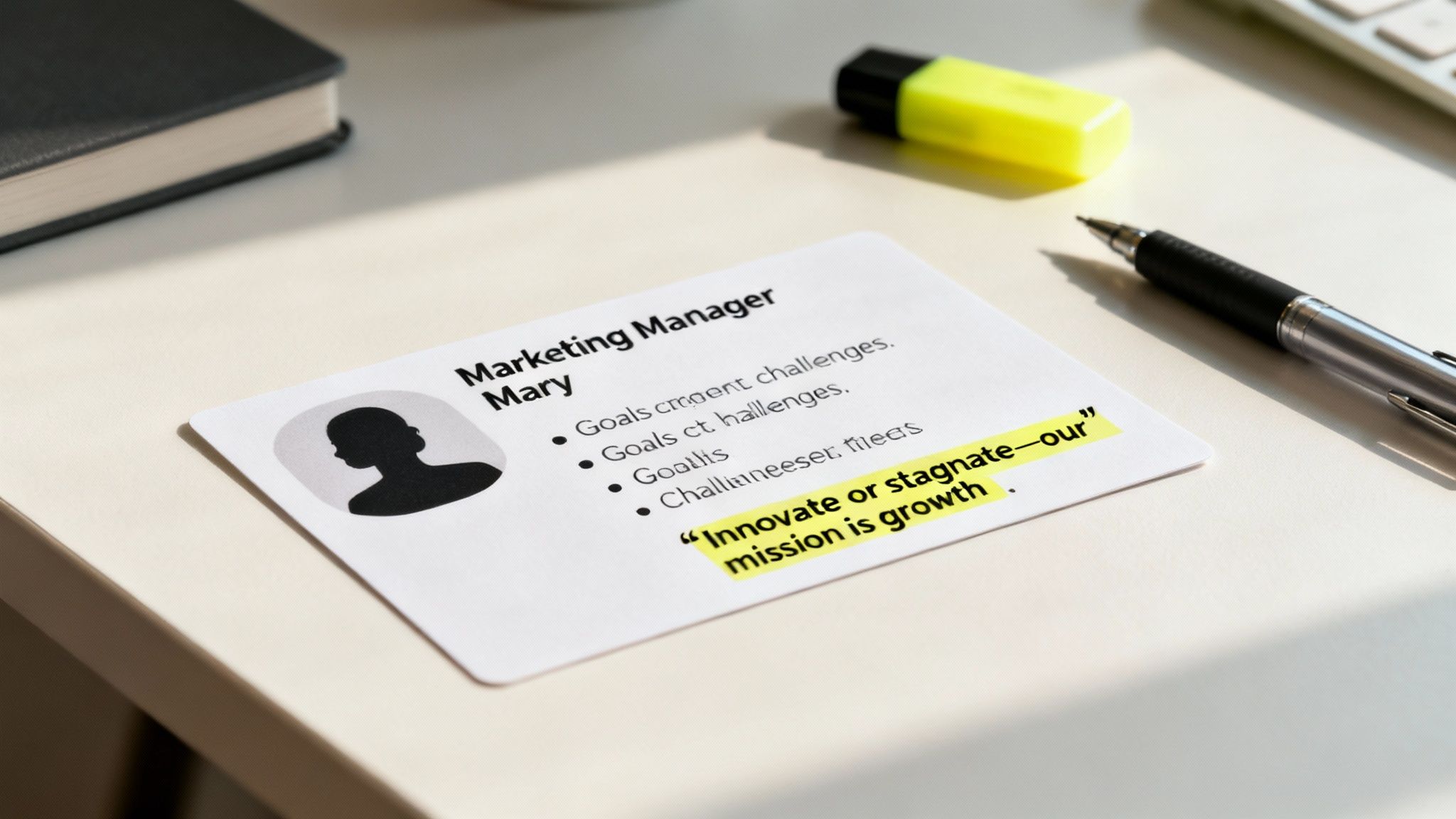 Marketing manager buyer persona card with highlighted quote about innovation and mission growth on desk