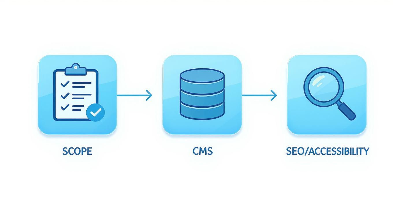 Flowchart showing three key phases of a website project: scope definition, CMS, and SEO optimization.