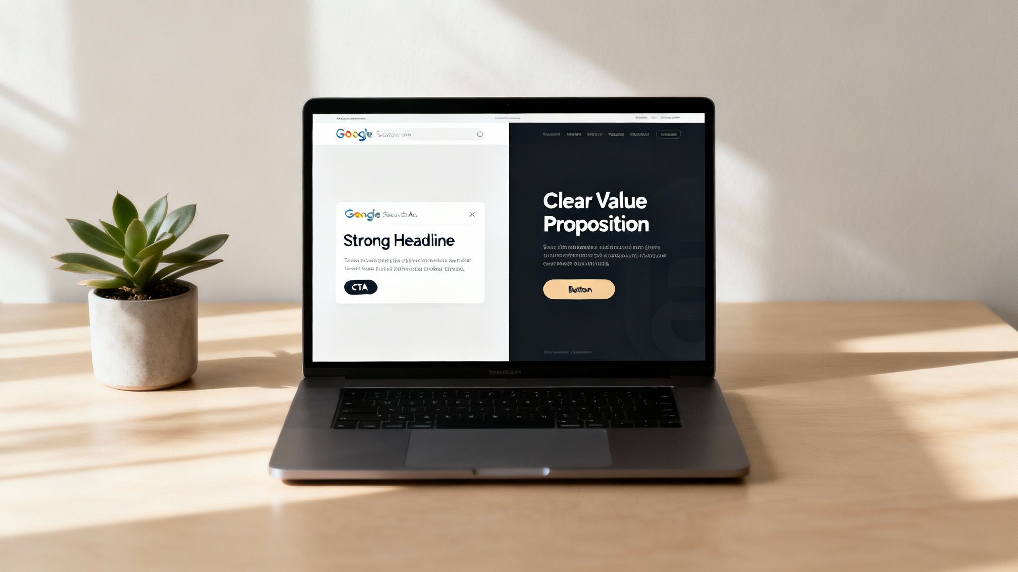A split-screen image showing a Google Ads search result on the left and a corresponding high-converting landing page on the right