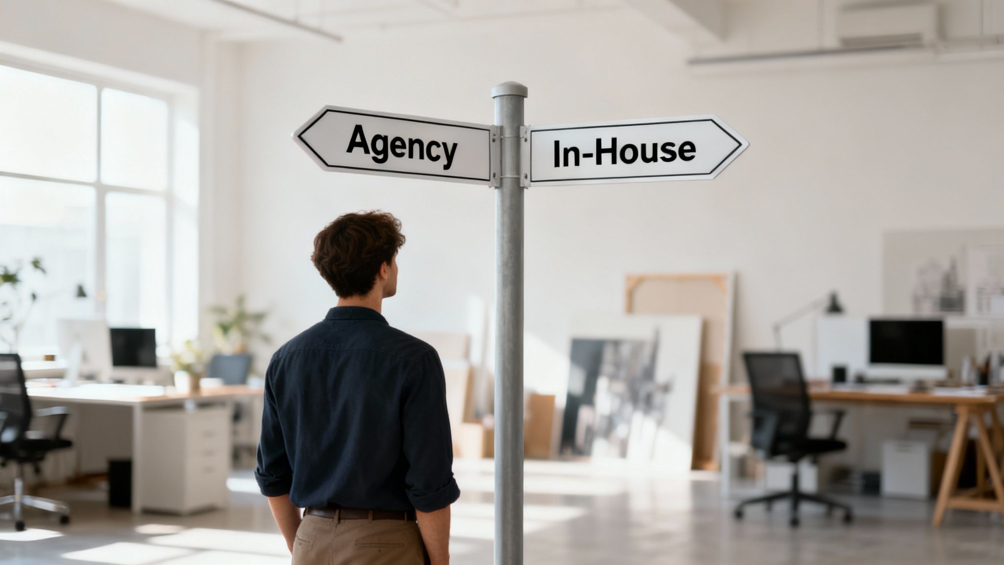 A person at a crossroads, choosing between two paths, representing the decision between a marketing agency and an in-house team.