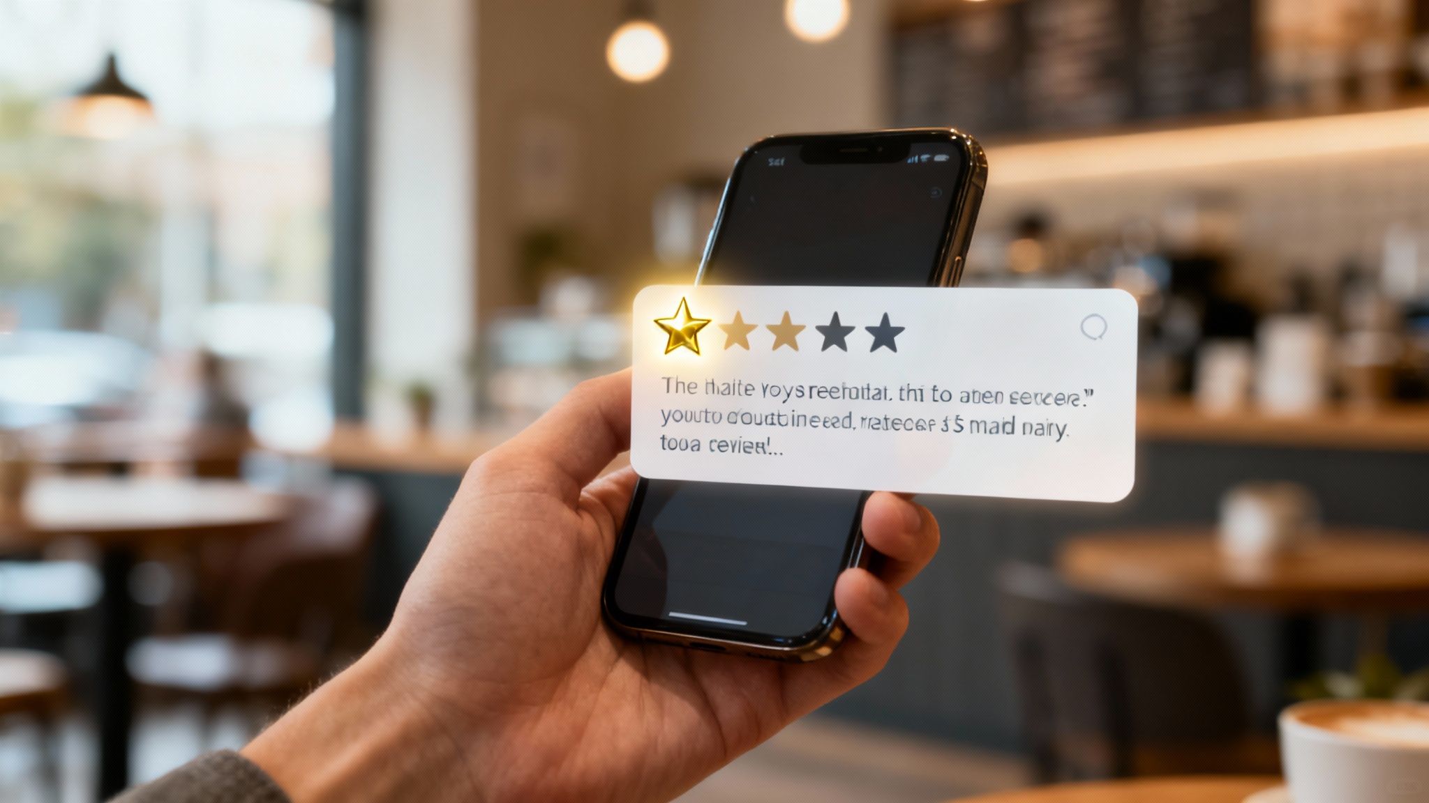 Hand holding smartphone displaying one star customer review rating in restaurant cafe setting