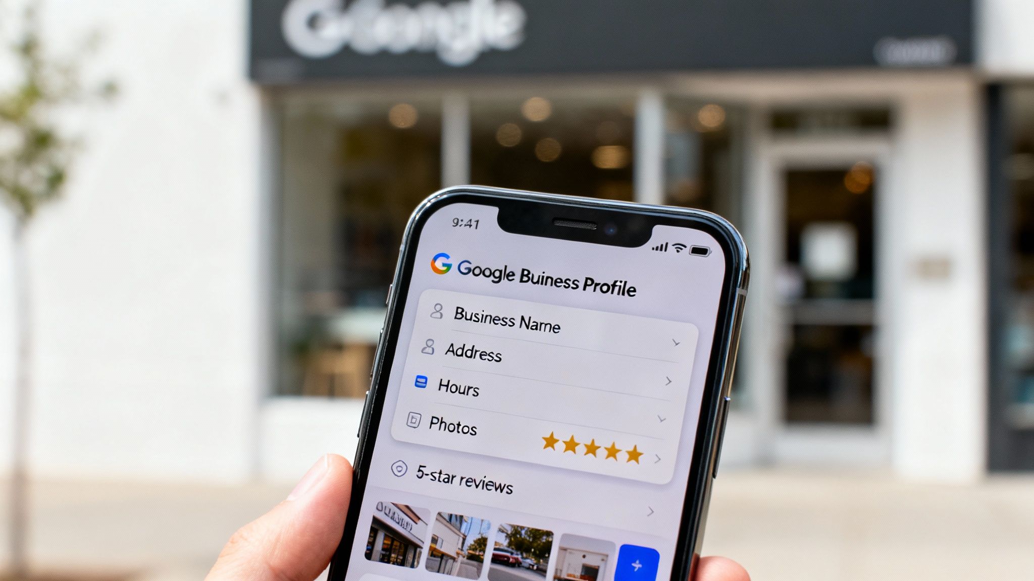 Hand holding smartphone displaying Google Business Profile interface with business information and five-star reviews