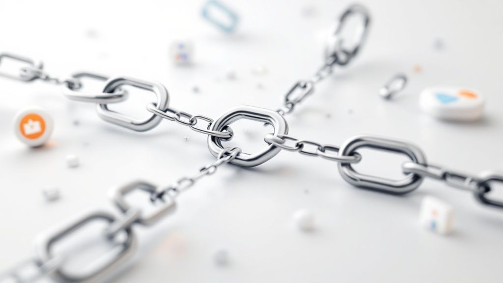 A graphic illustrating the concept of backlinks connecting different websites, symbolizing authority and trust.