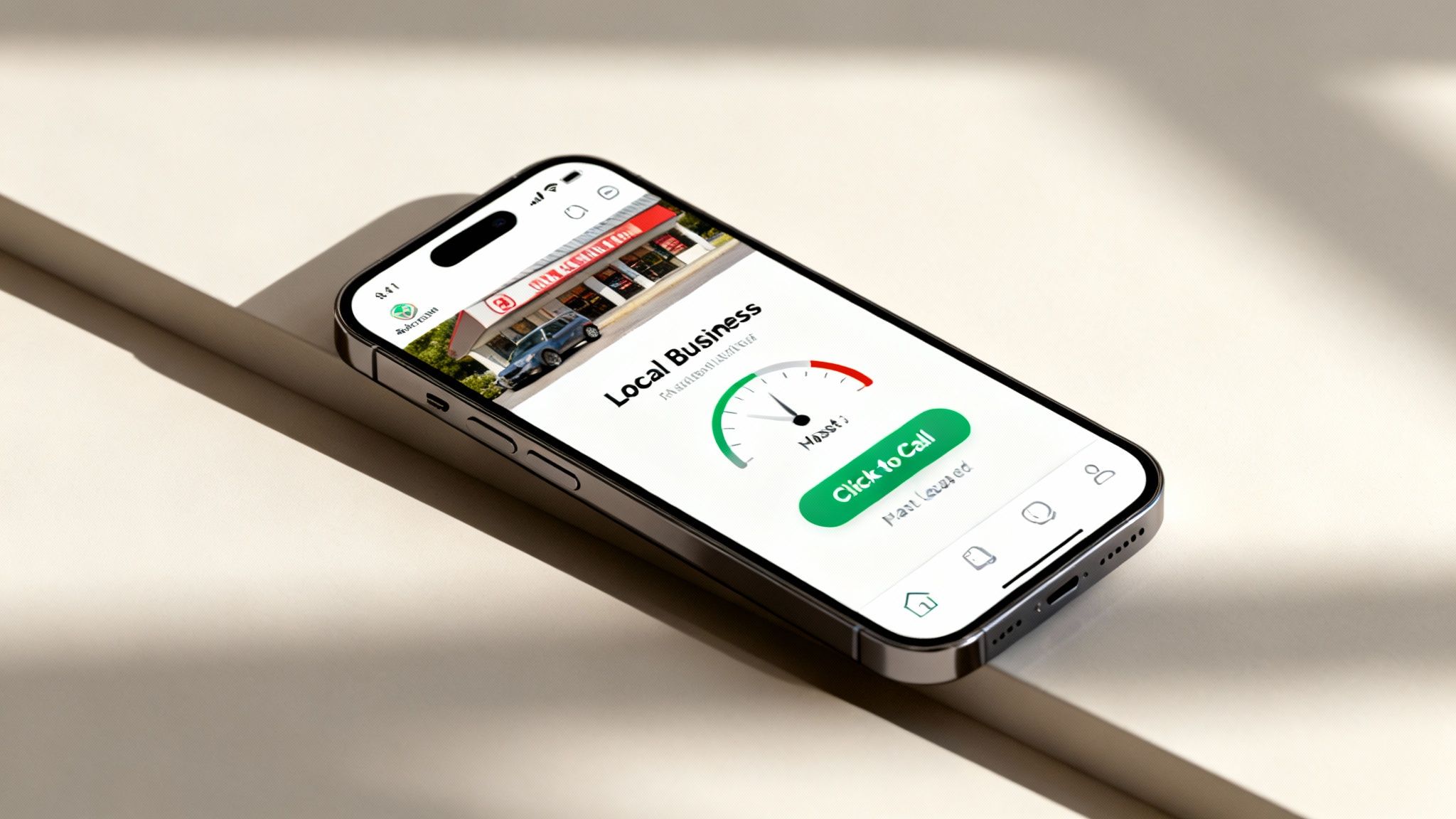 Smartphone displaying local business restaurant menu app with rating gauge and click to call button