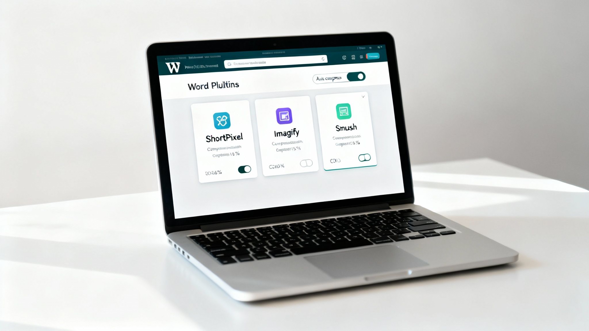 Laptop displaying WordPress image optimization plugins interface showing ShortPixel, Imagify, and Smush compression tools