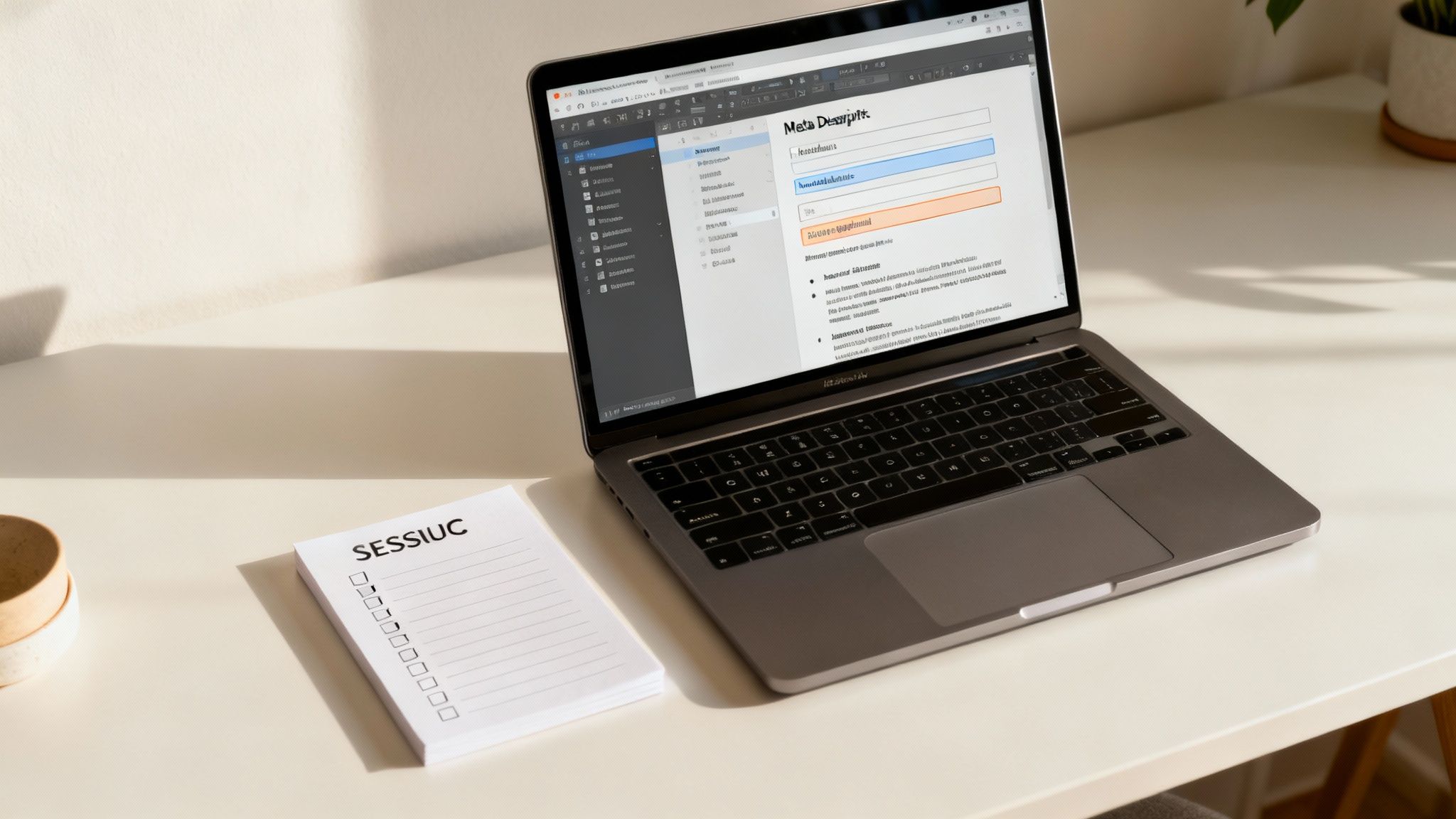 An organized desk with a laptop showing a content management system, surrounded by notes and keyword research sketches.