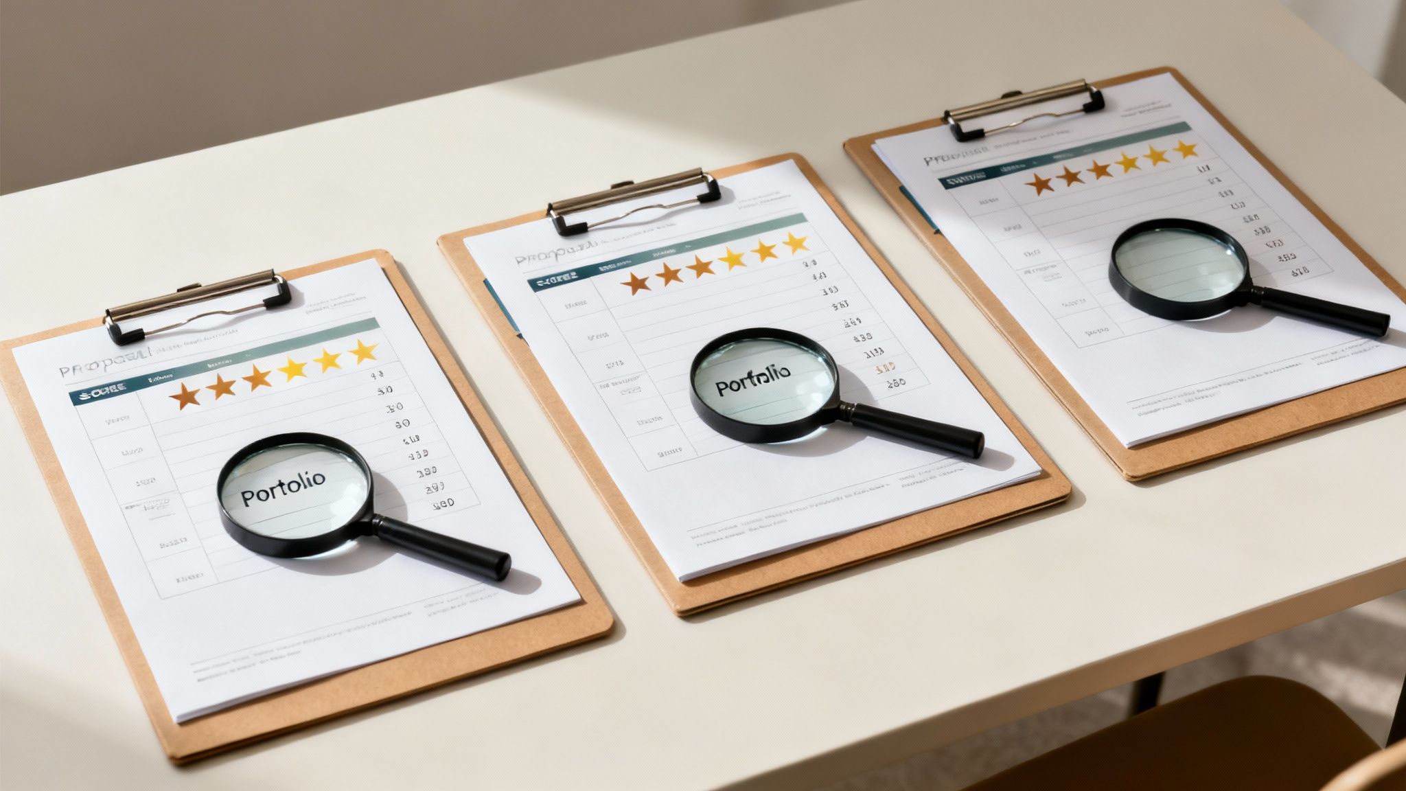 A person at a desk carefully reviewing documents and a laptop screen, symbolizing the vendor evaluation process.