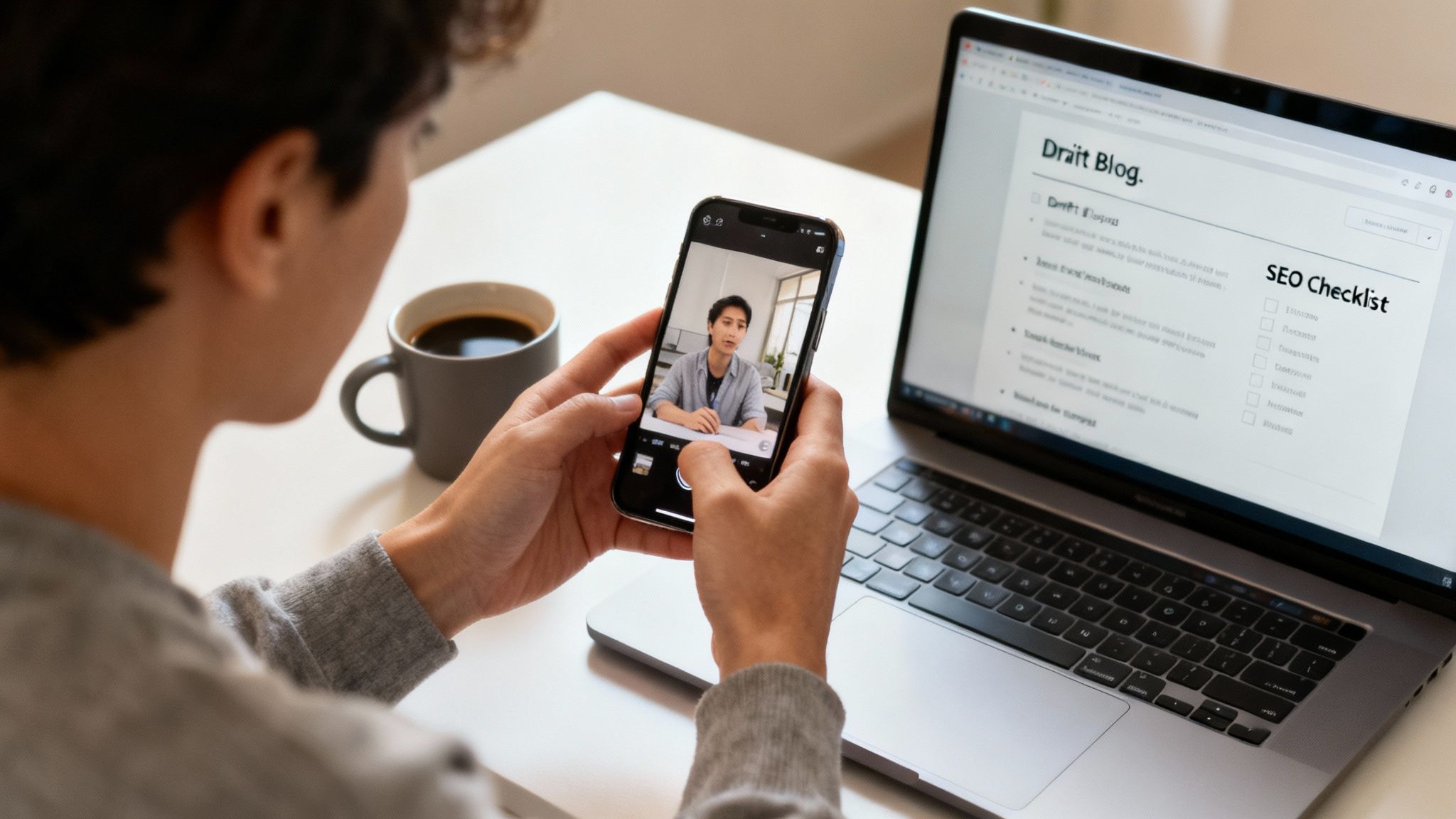 Person holding smartphone reviewing video content while working on laptop with SEO checklist and coffee