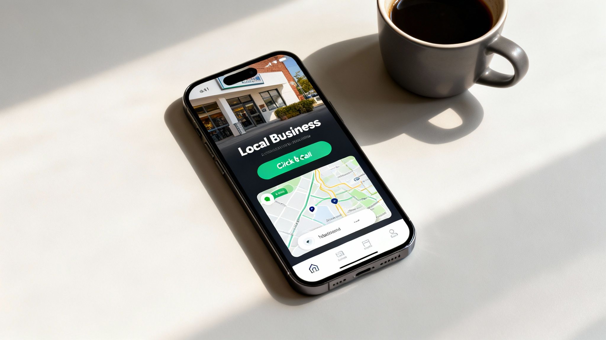Smartphone displaying local business app with map and click to call button next to coffee cup