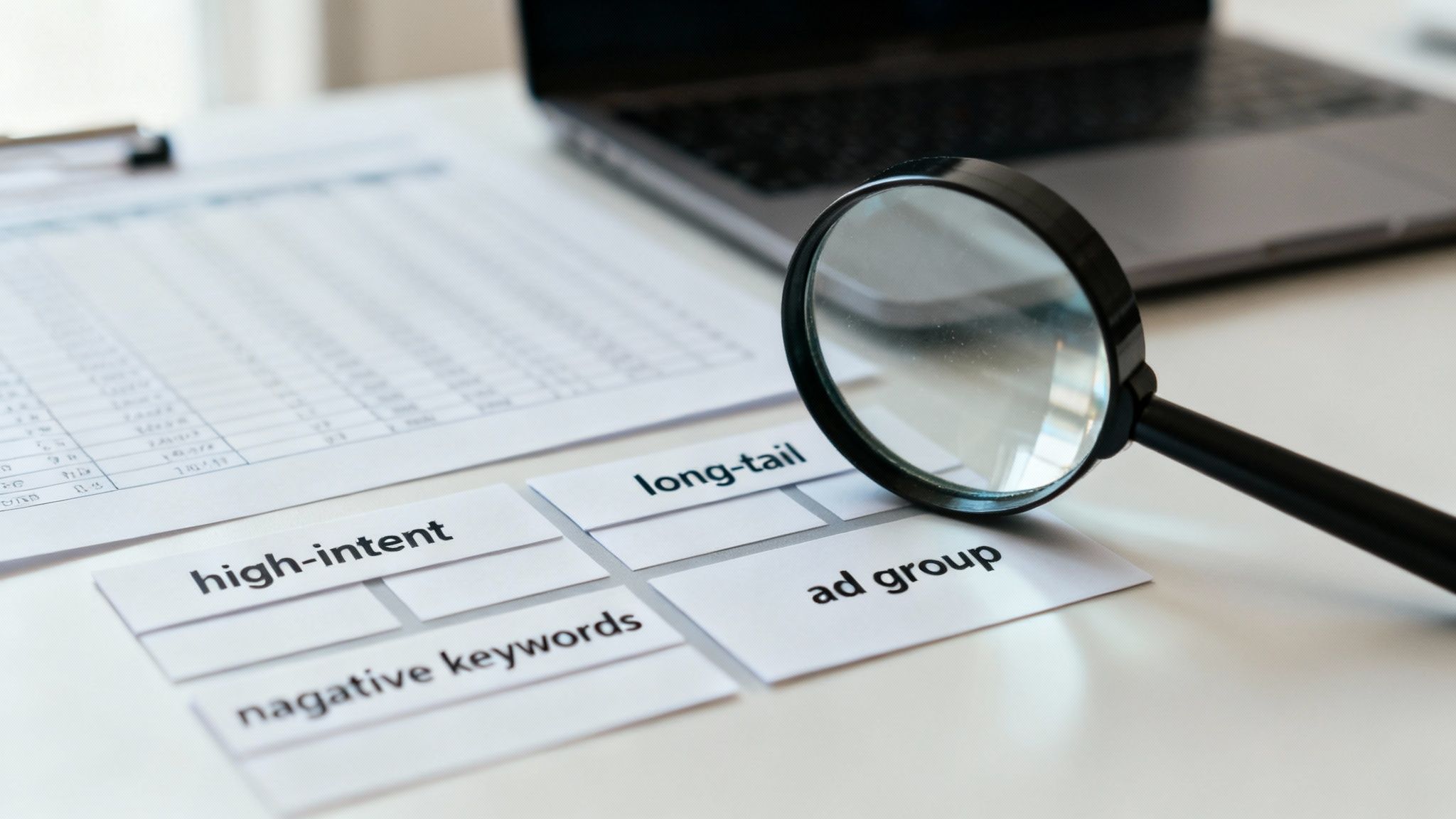 Magnifying glass over index cards showing keyword types for Google Ads.