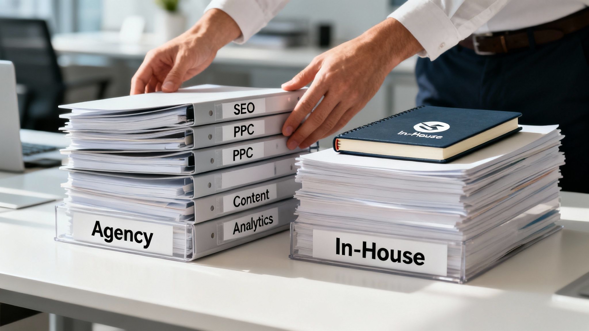 A diverse team of marketing specialists collaborating around a table, symbolizing the expertise an agency provides.