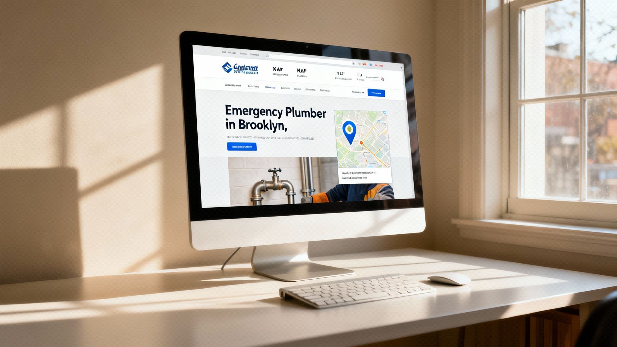 A laptop screen showing a website's homepage being optimized for local search, with map pins and location keywords highlighted.