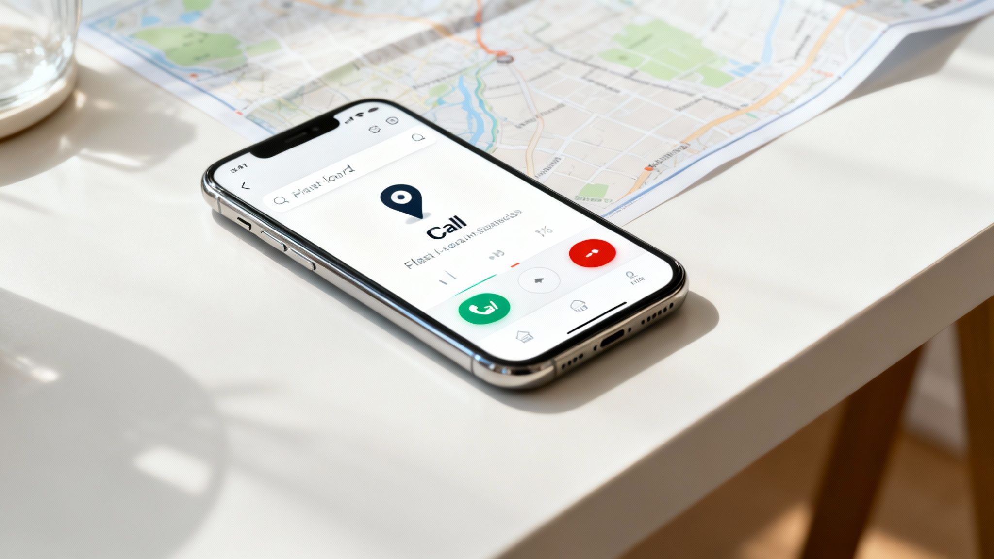 Smartphone displaying local business calling interface with map in background for customer contact