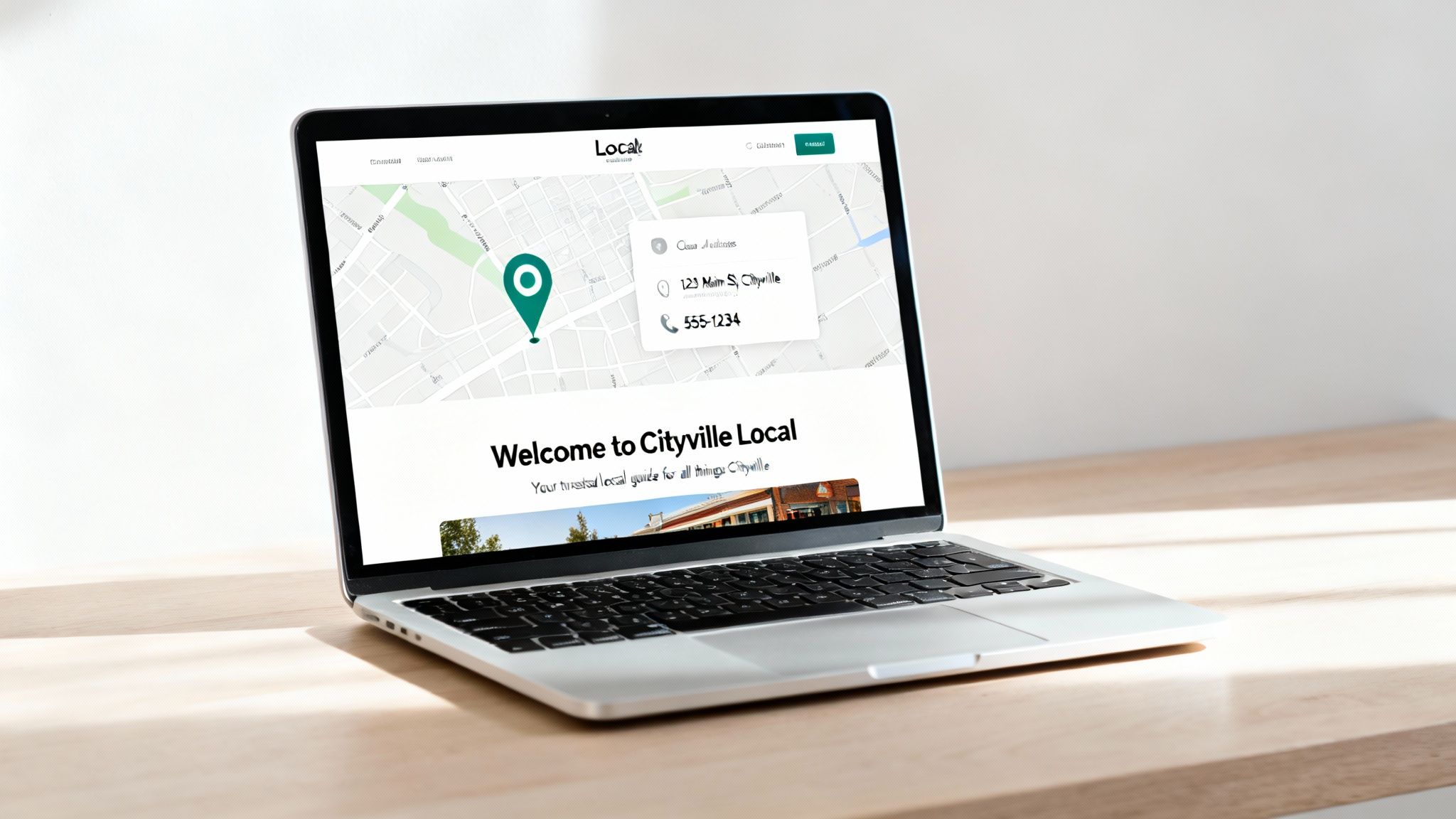 Laptop displaying local business directory website with map, location pin, and contact information for Cityville