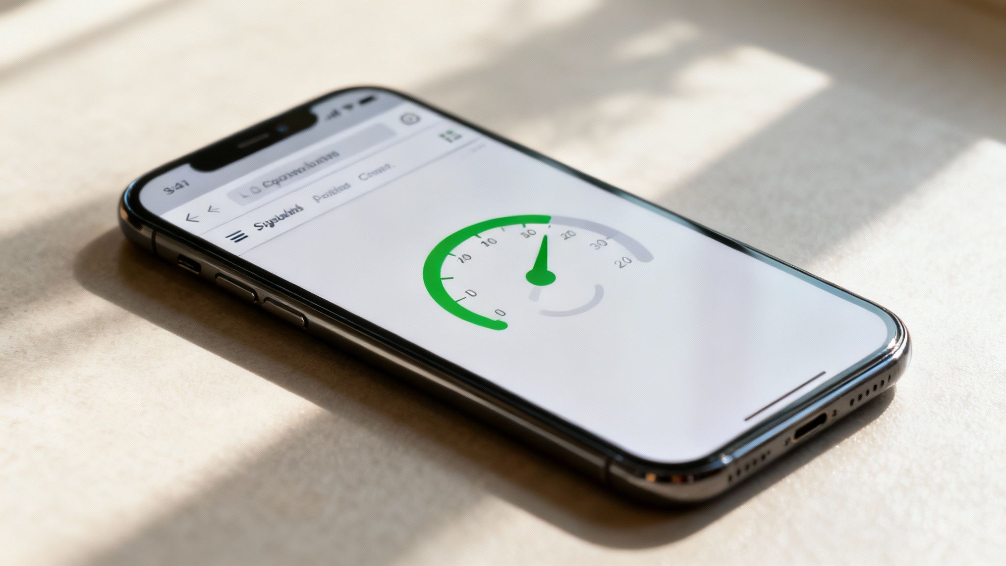 A speedometer with the needle in the red 'fast' zone, superimposed over a smartphone screen, symbolizing fast mobile page speed.