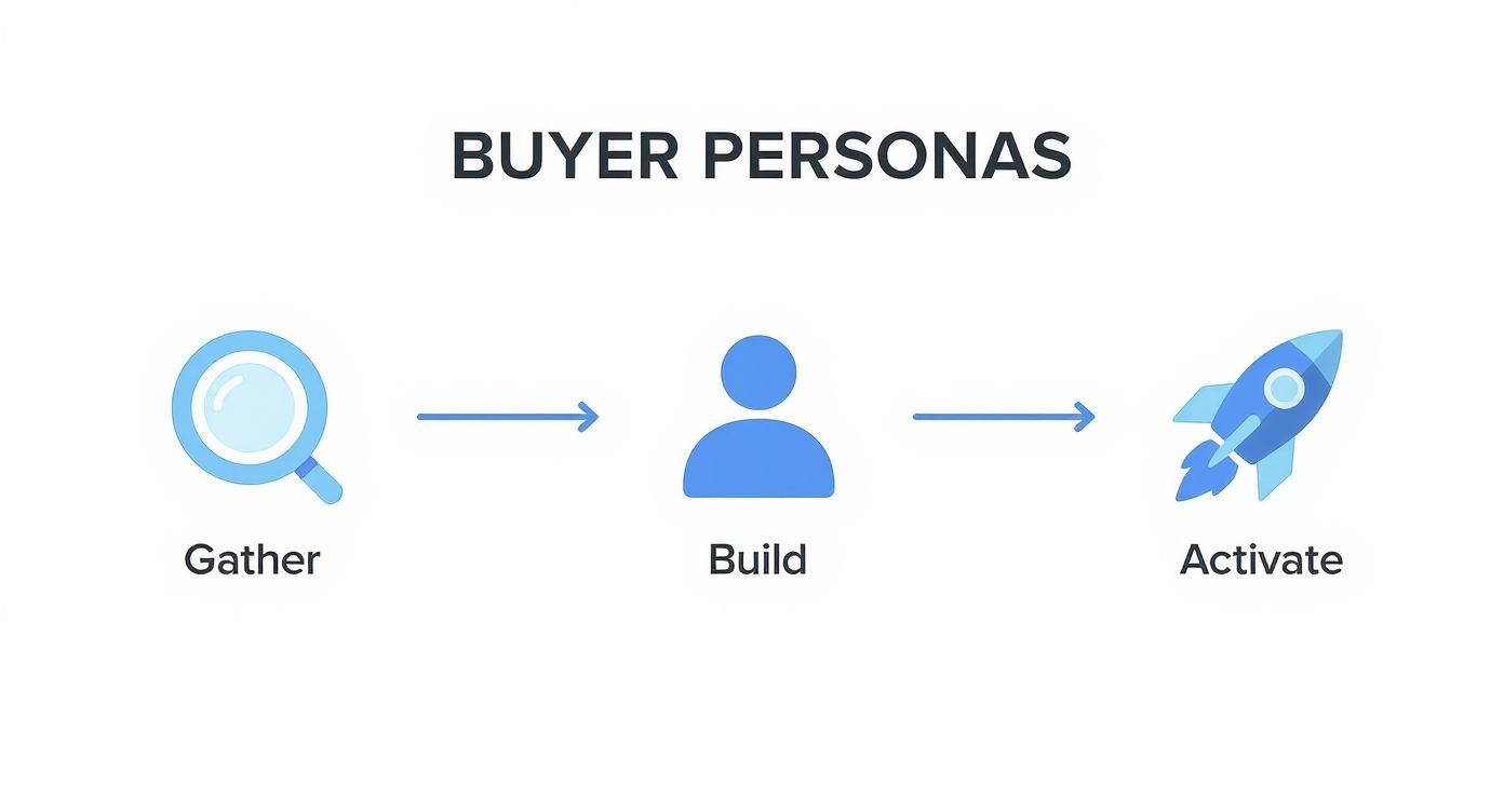 Buyer personas development process showing three stages: gather data with magnifying glass, build profile, and activate with rocket