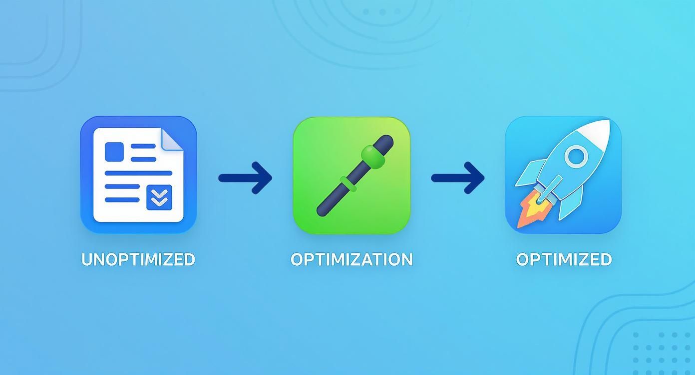 Visual workflow diagram showing three stages: unoptimized document, optimization tool with wrench, and optimized rocket launch icon