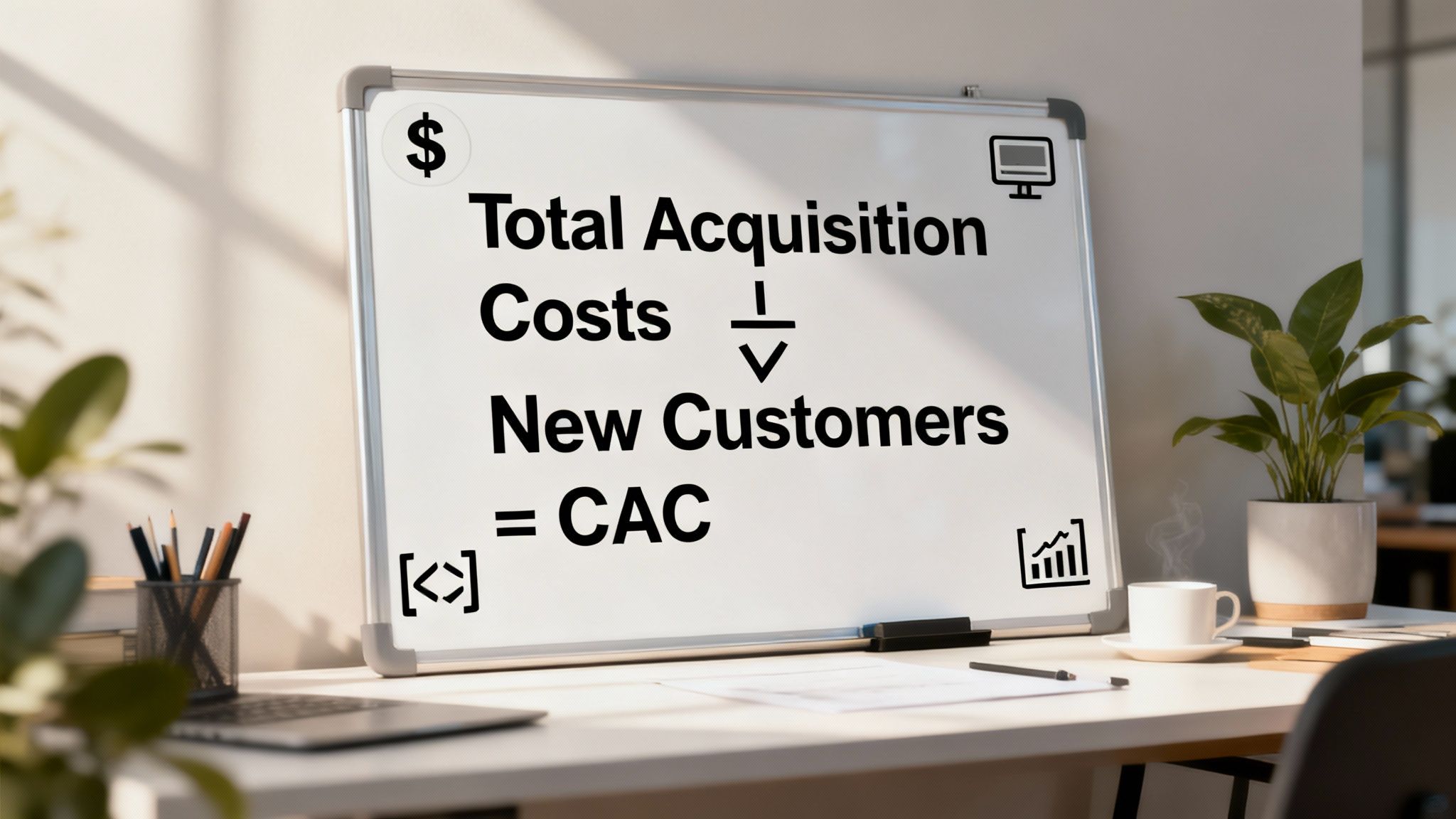 A calculator and charts on a desk, representing the process of calculating customer acquisition cost.