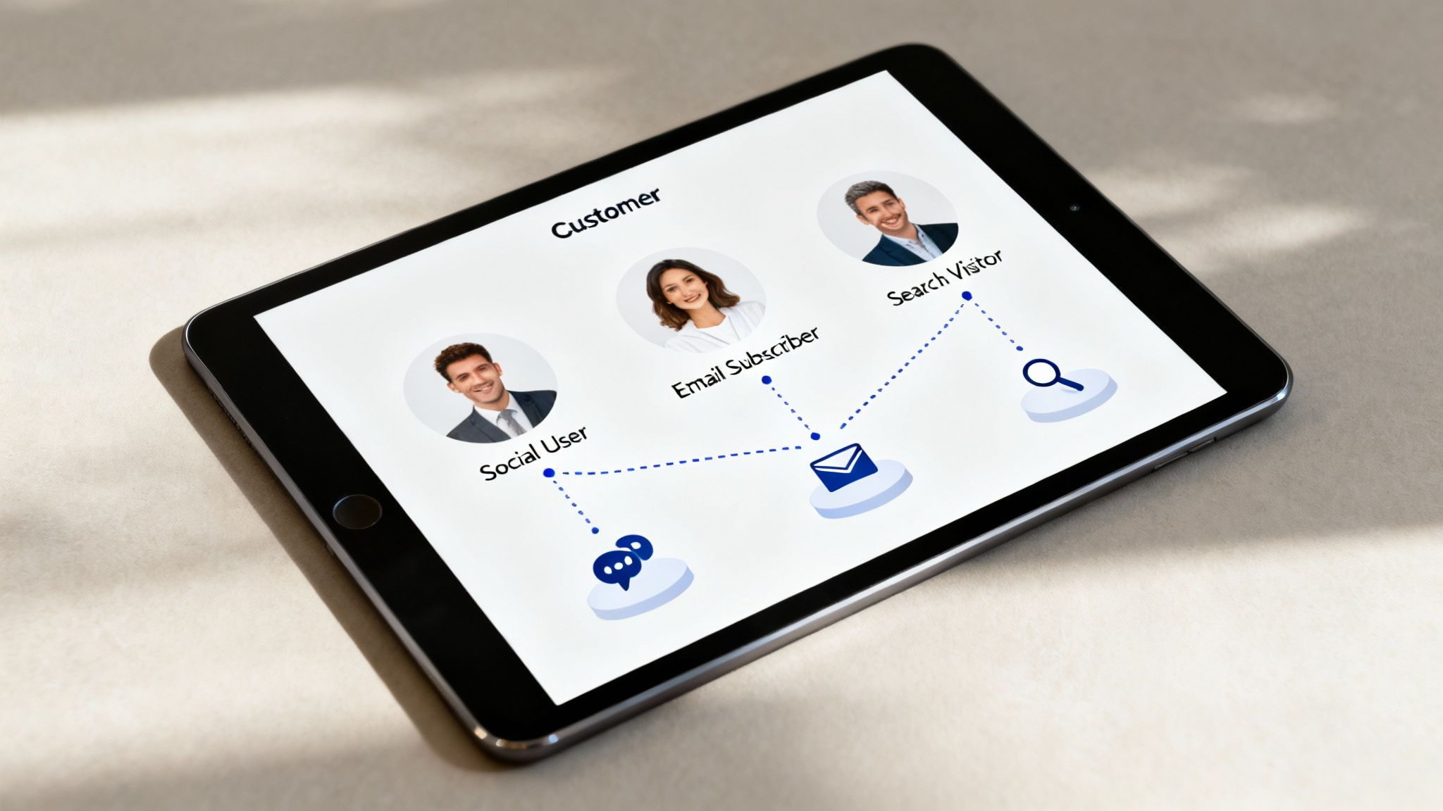 A person mapping out a customer journey on a whiteboard with sticky notes representing different channels.