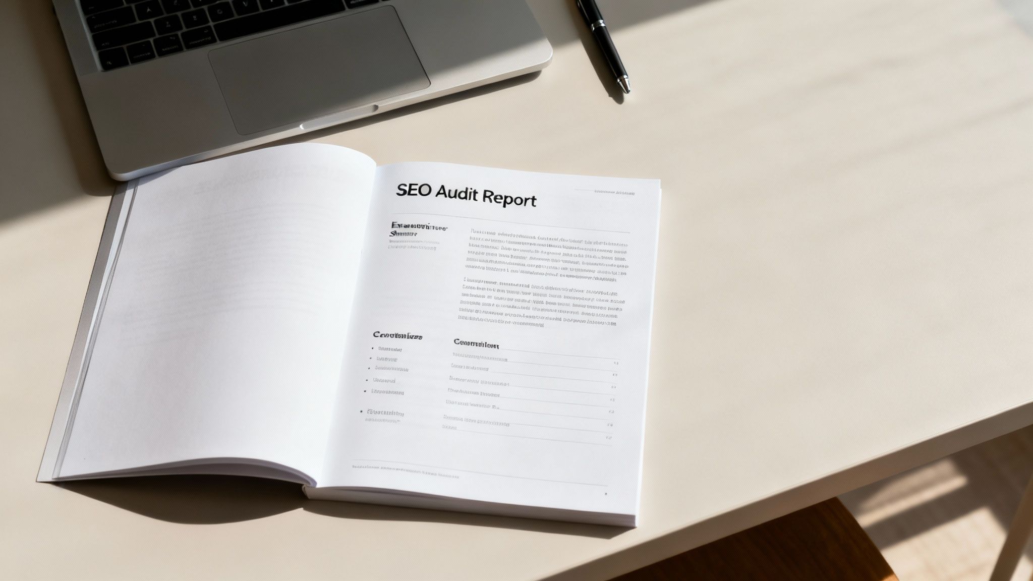 An SEO audit report template being reviewed on a tablet, showing charts and graphs.