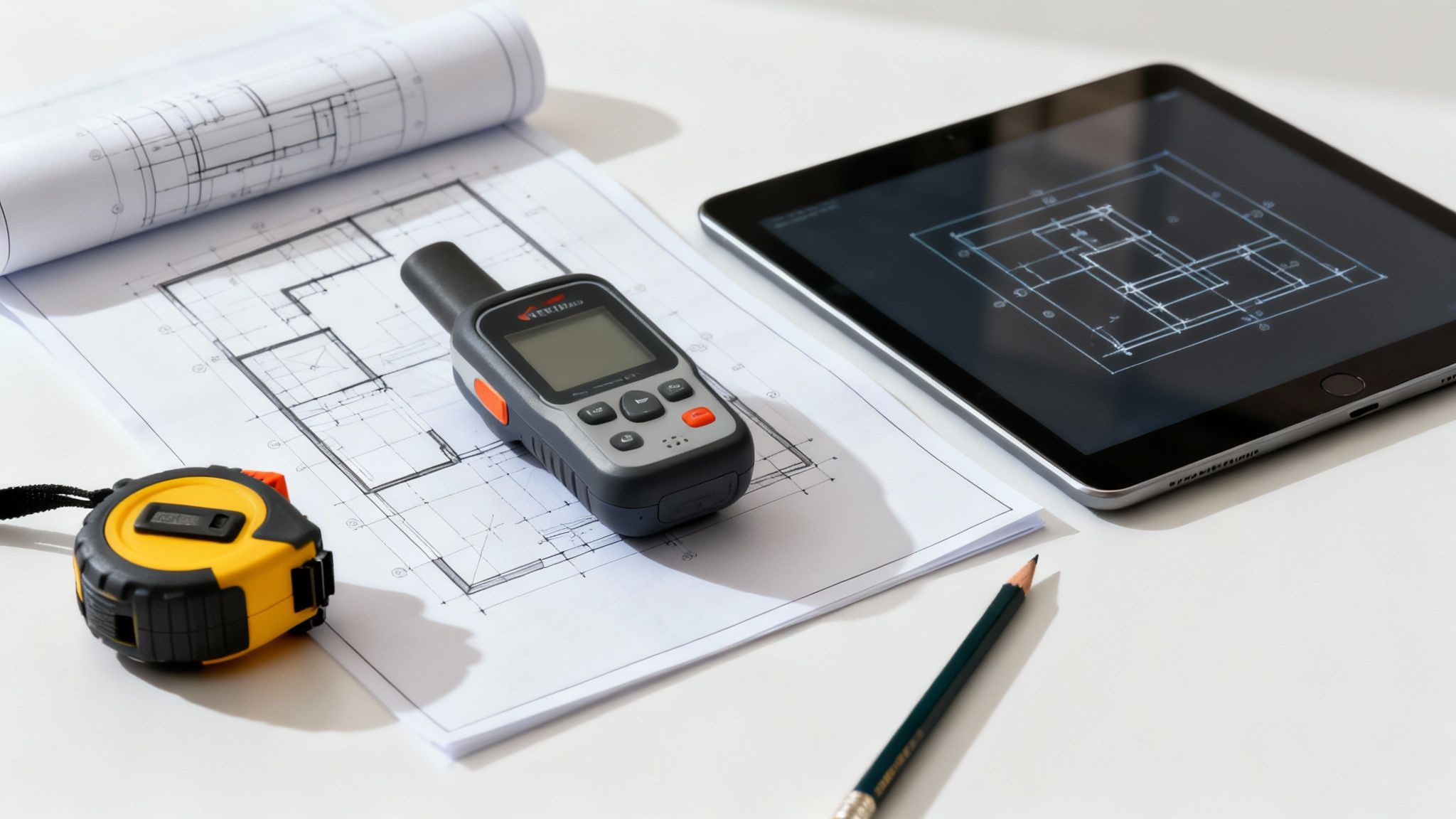 A collection of site planning tools like a tape measure, clipboard, and tablet on a desk.