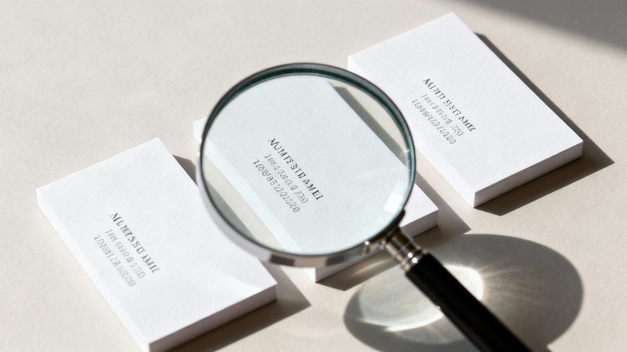 Magnifying glass examining business cards with contact information on white surface representing local SEO audit