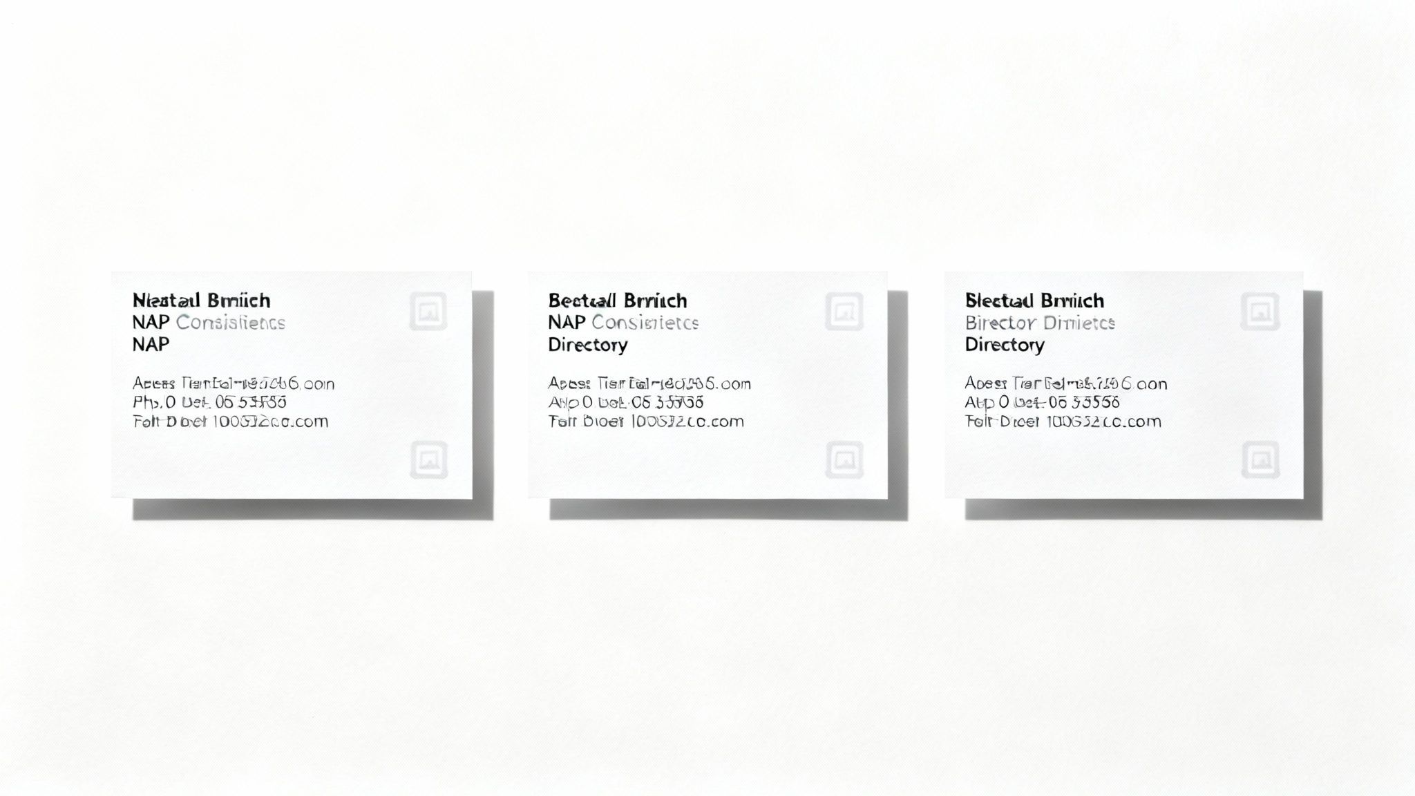 Three business cards displaying NAP consistency for local SEO directory listings with contact information
