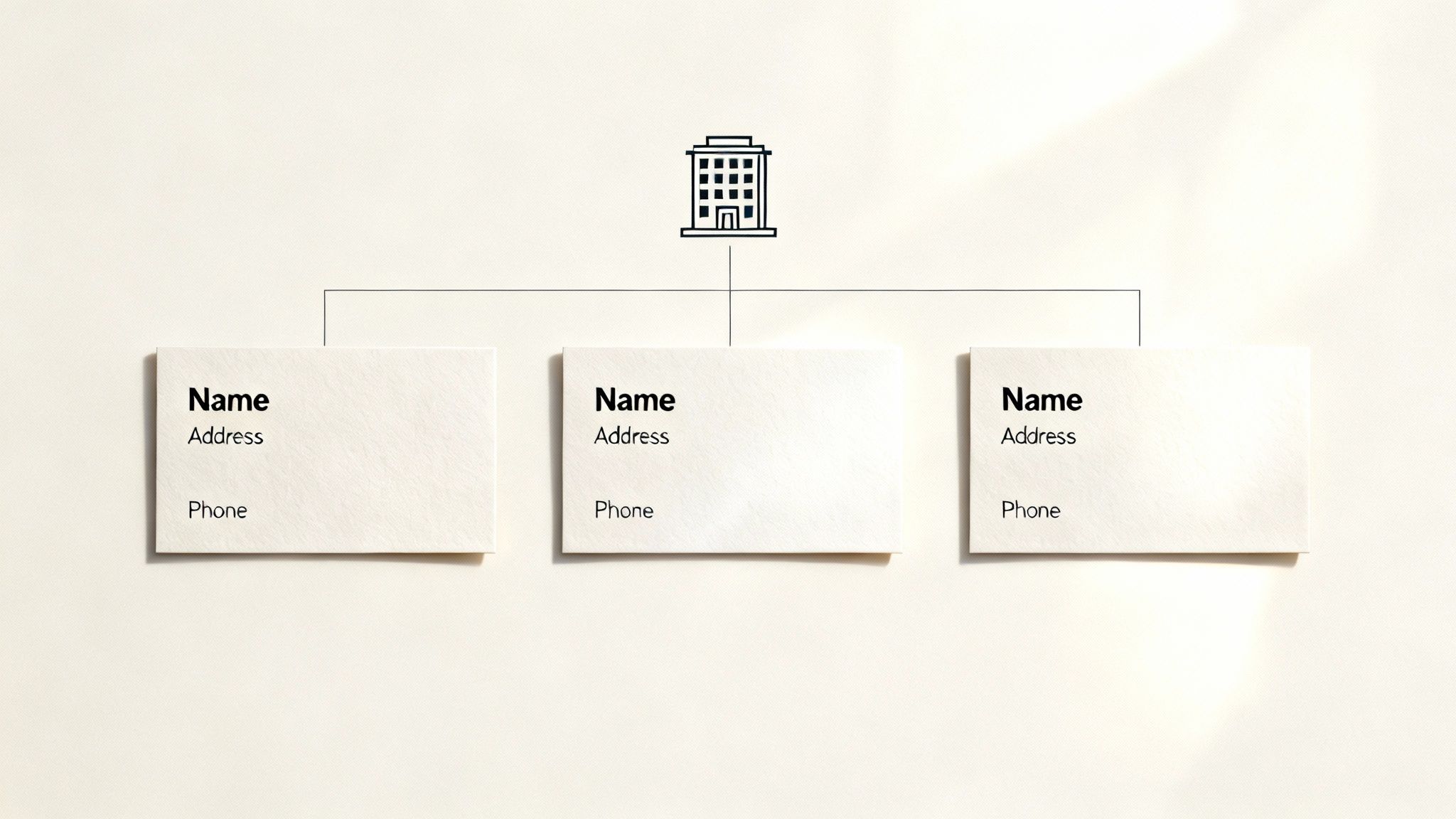 Business organizational chart showing company hierarchy with three employee contact cards beneath office building icon