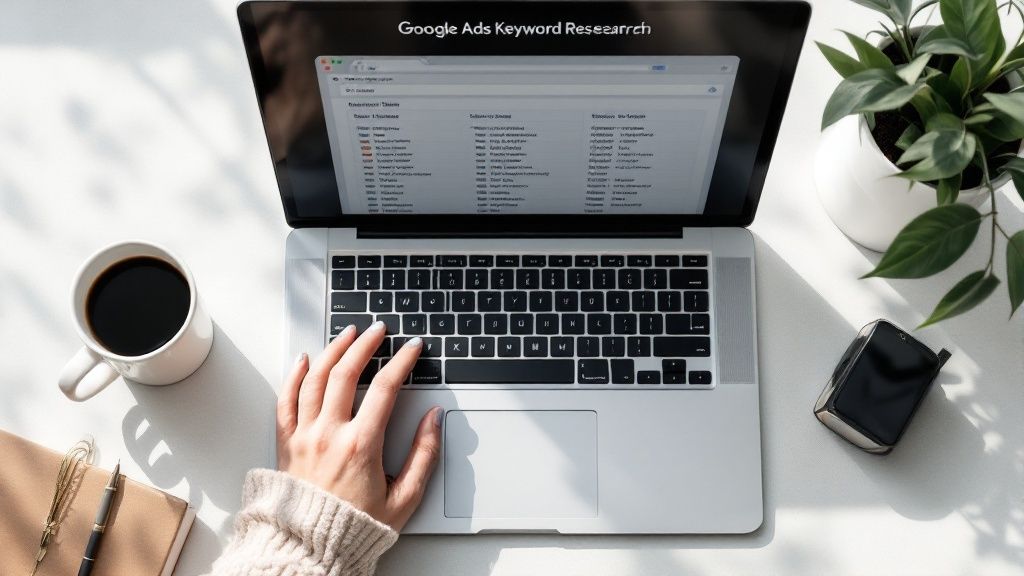A person using a laptop to manage a Google Ads campaign, symbolizing keyword strategy.