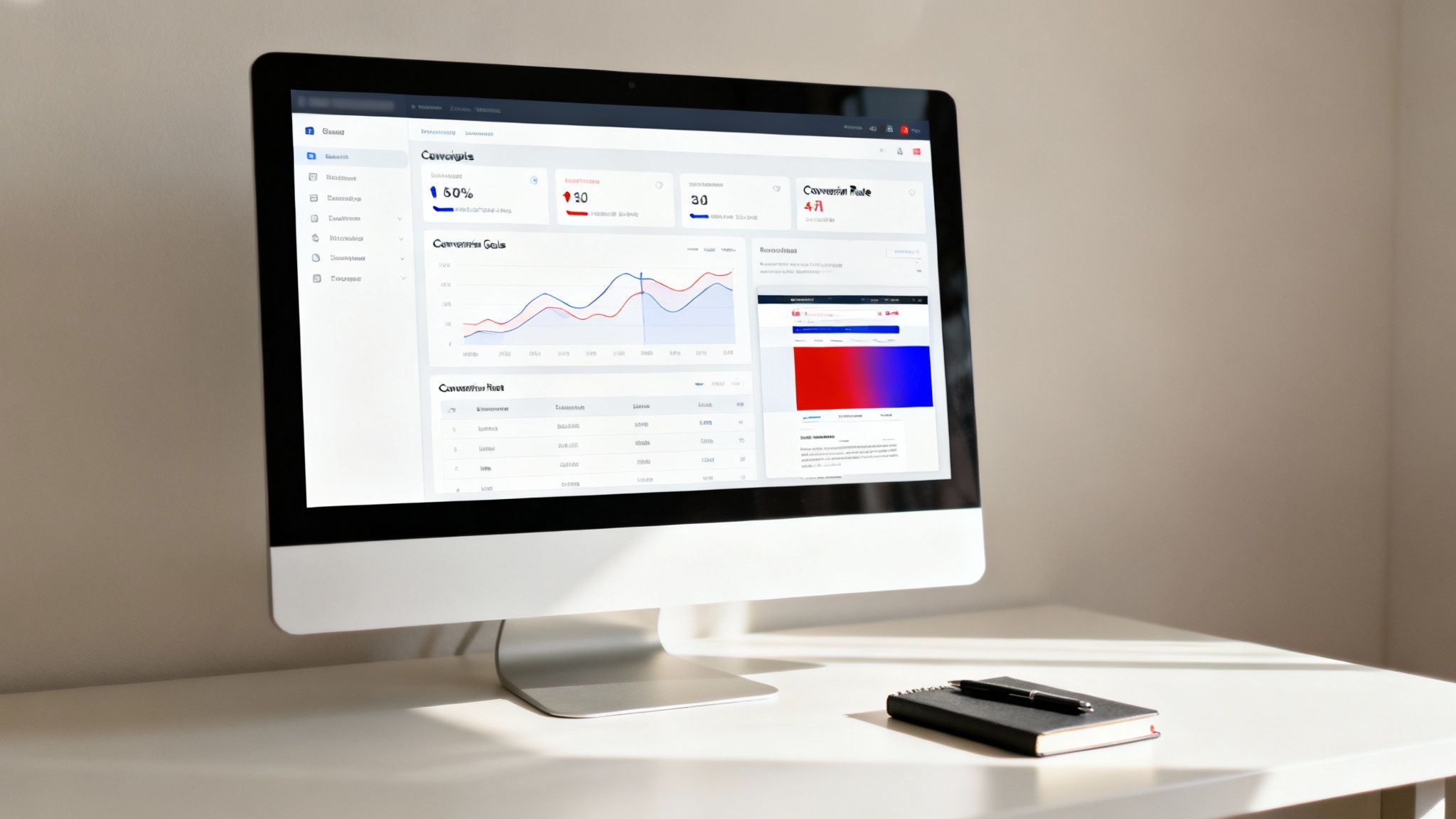 A person analyzing conversion rate data on a laptop and tablet, showing various charts and graphs.