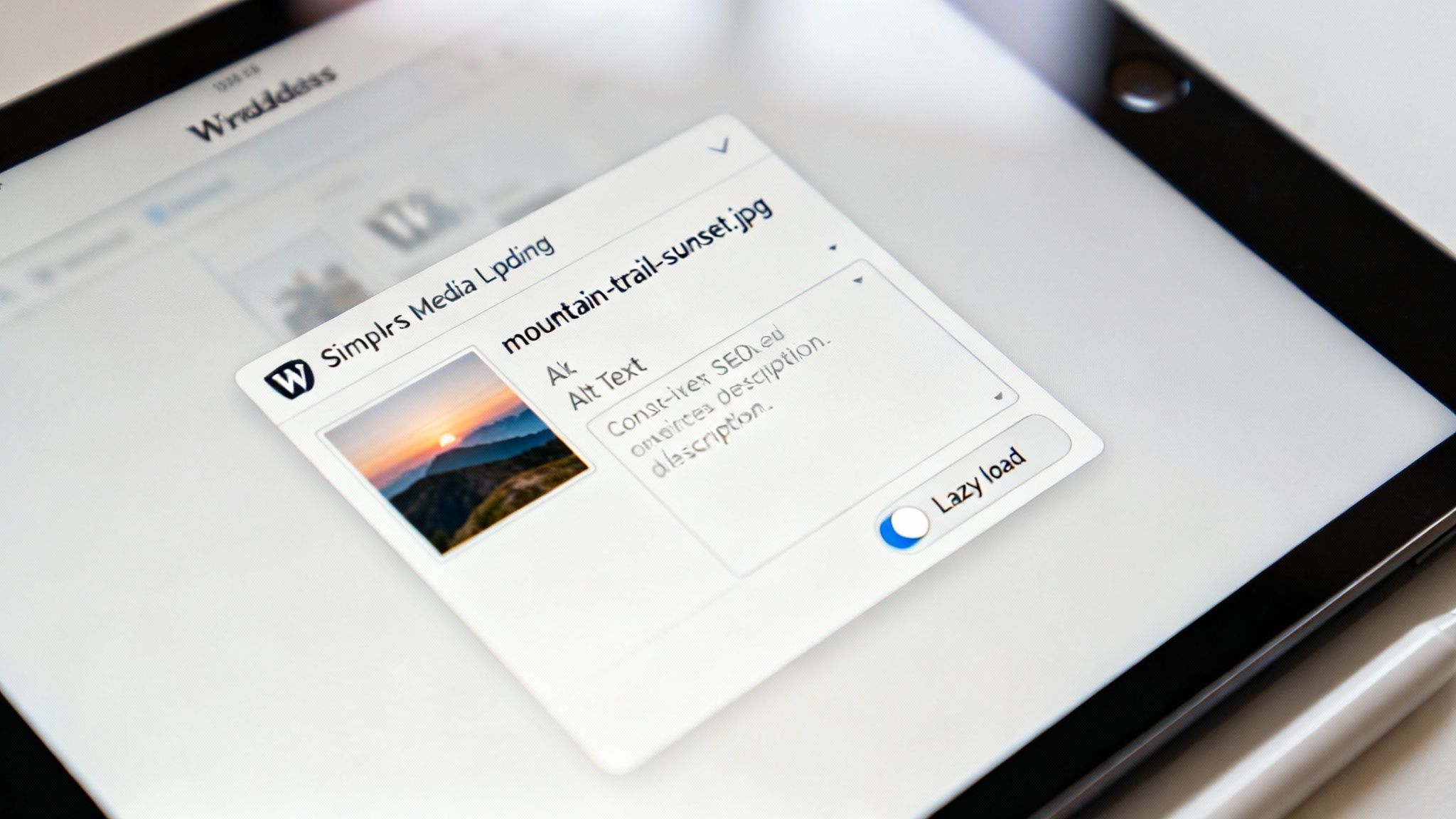 WordPress media library interface showing image upload dialog with alt text field and lazy load option