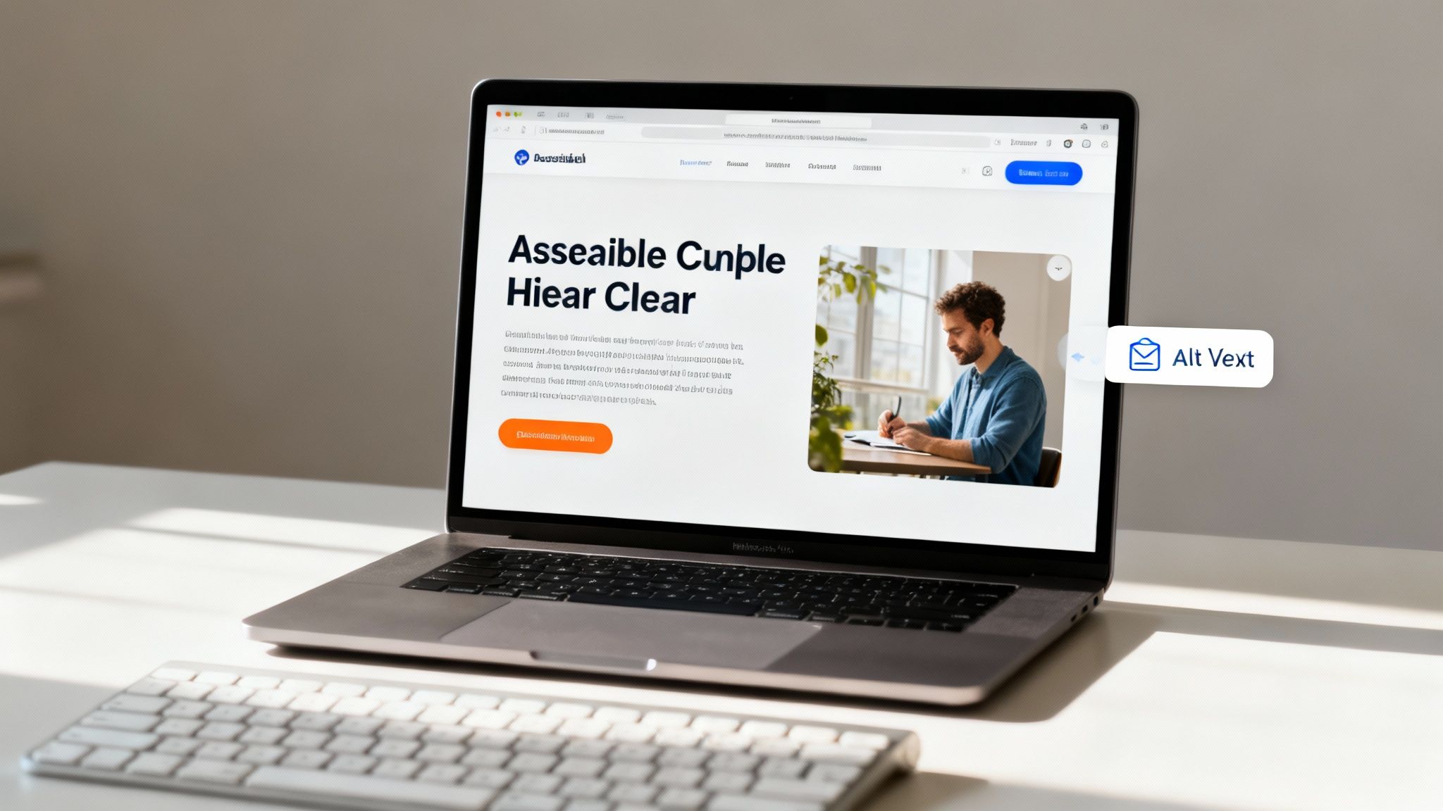 A MacBook Pro displays a website design with a headline, text, and a man writing, beside a white keyboard.