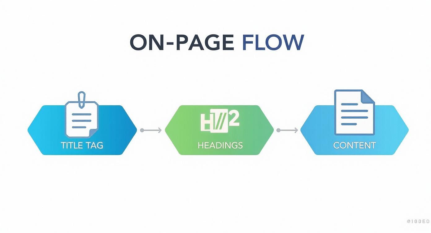 Infographic showing a process flow for on-page SEO, starting with Title Tag, moving to Headings, and ending with Content.