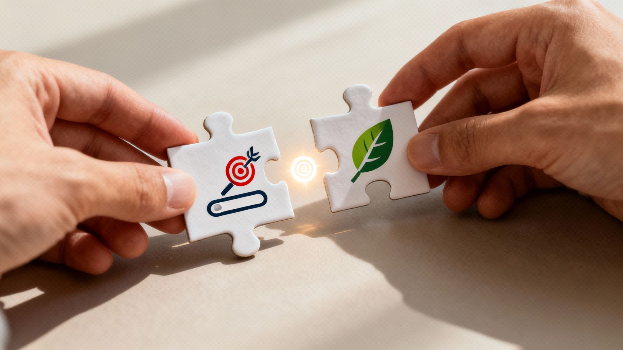 Two puzzle pieces, one labeled "SEO" and the other "PPC," fitting together perfectly to symbolize an integrated strategy.