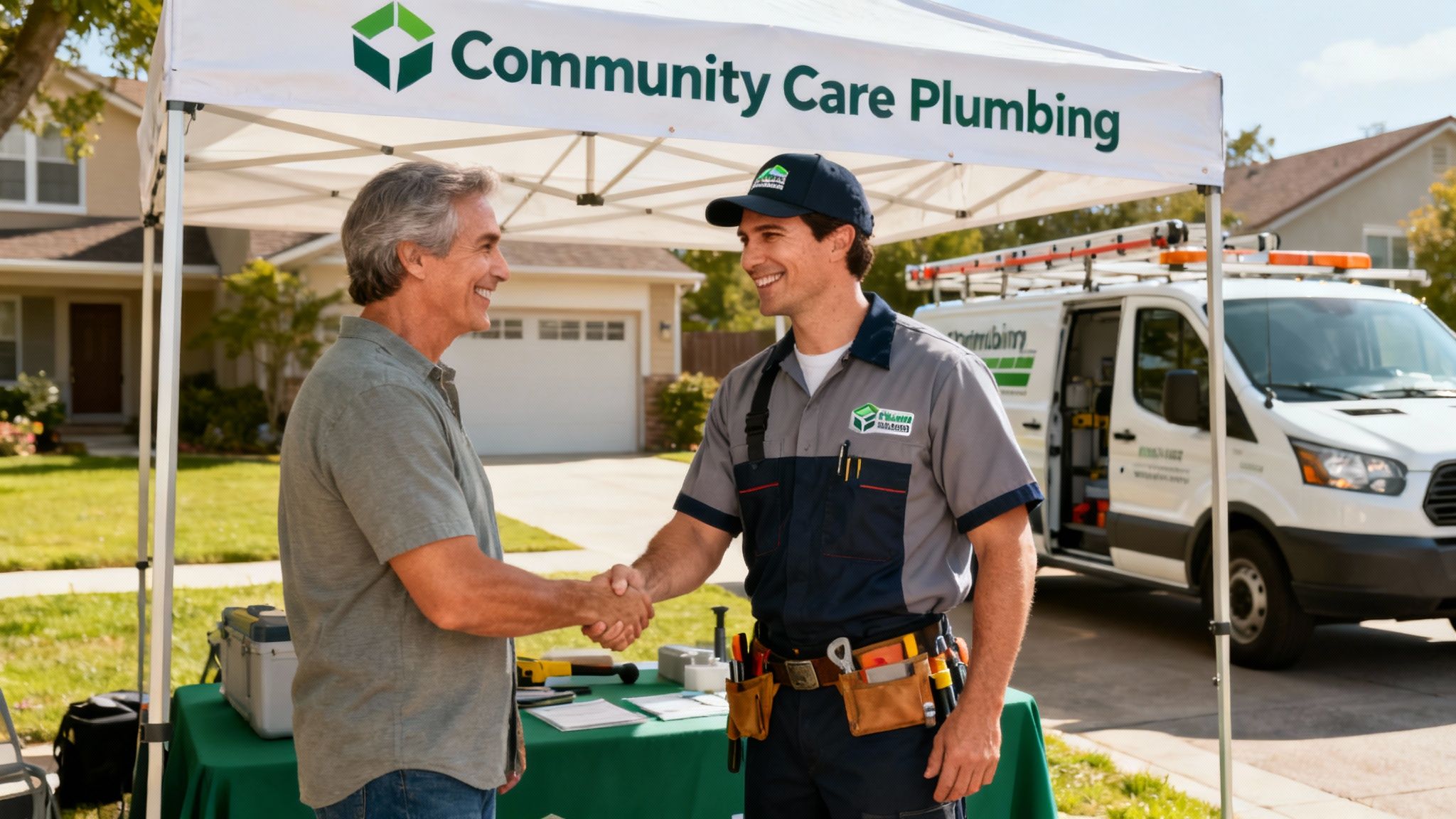Plumber talking to a homeowner in a friendly manner, building community trust.