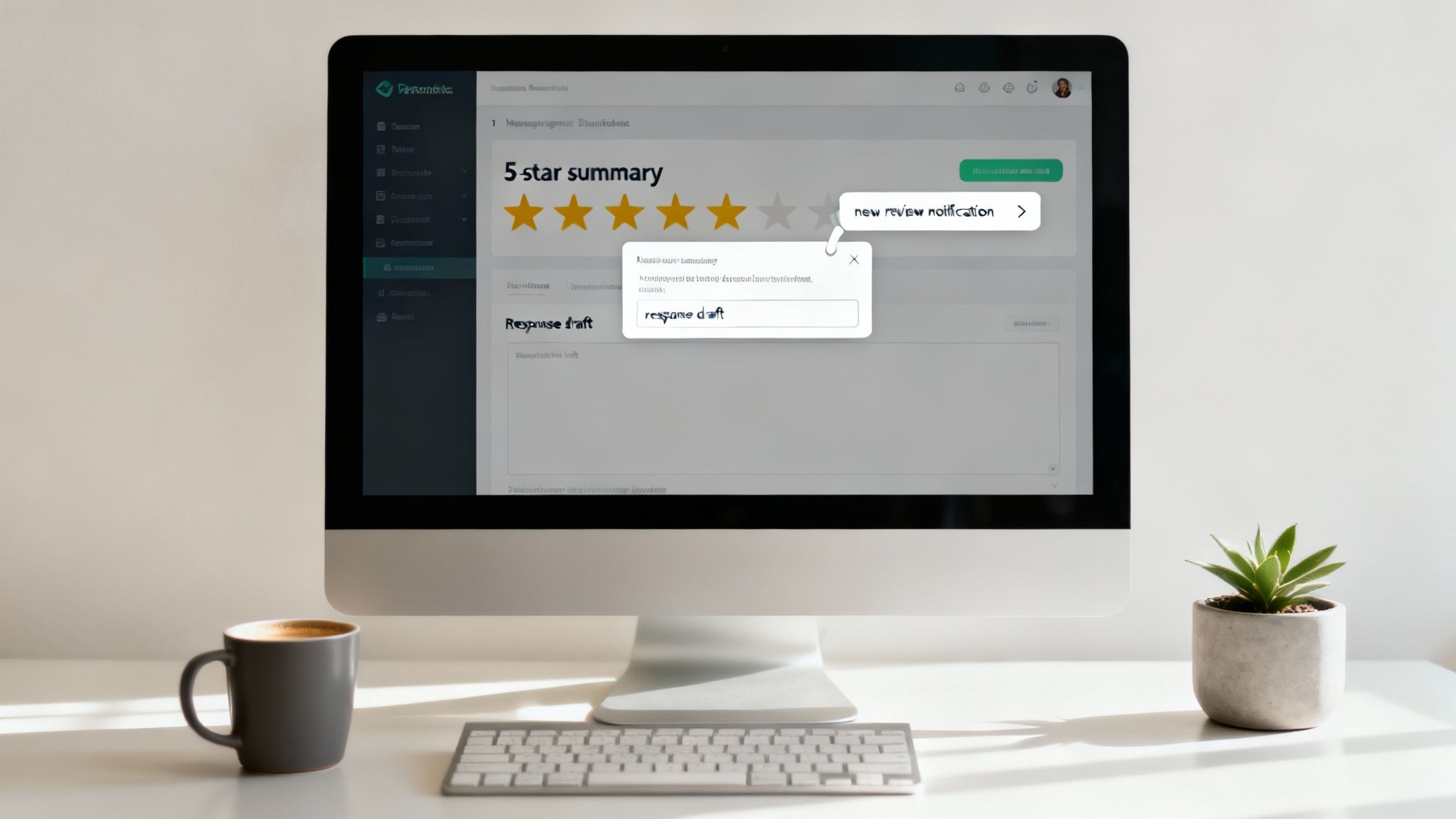 Review management software dashboard displaying five star rating summary with notification popup on desktop computer