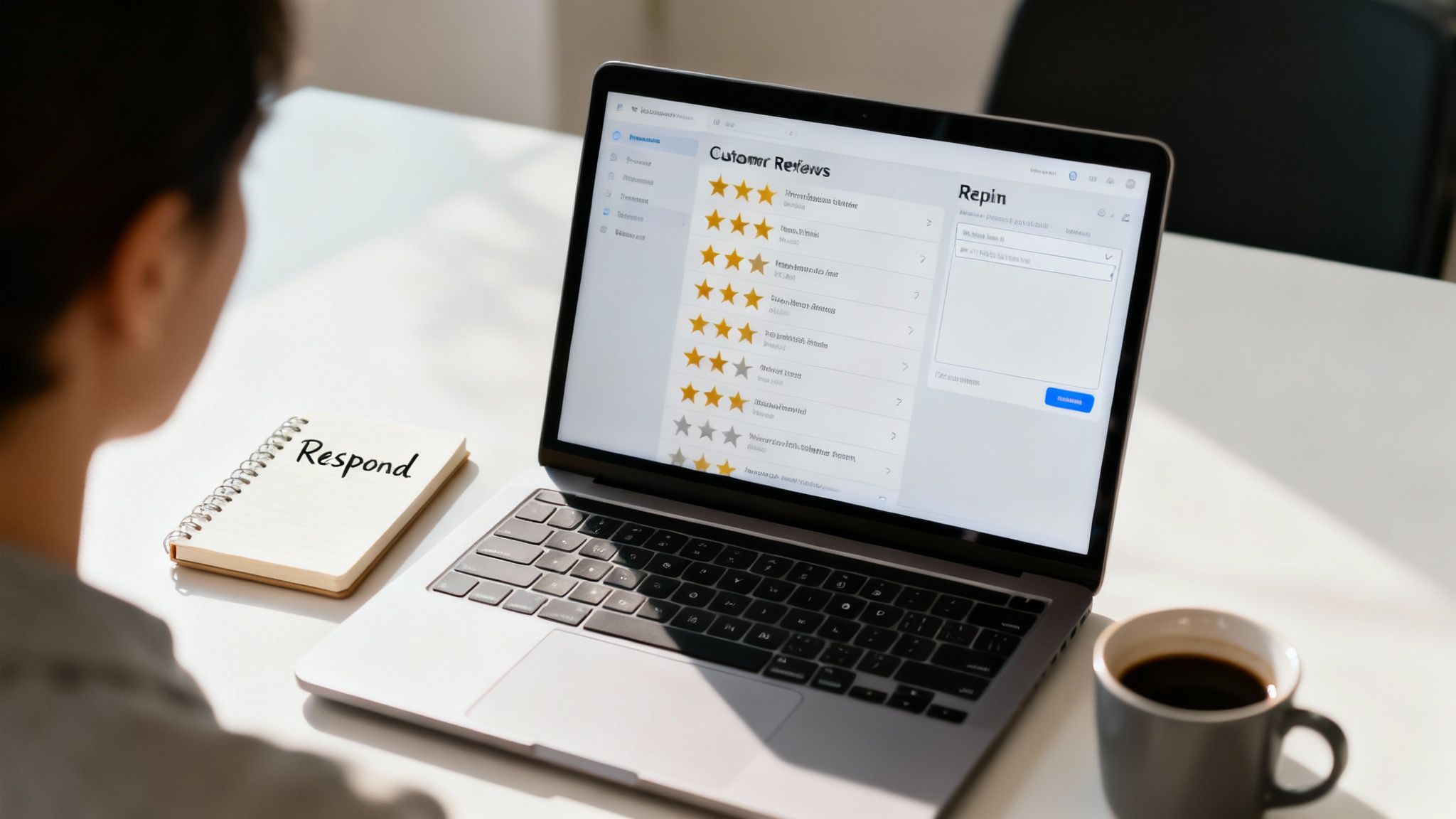 Business owner reviewing customer reviews on laptop screen preparing responses with notebook