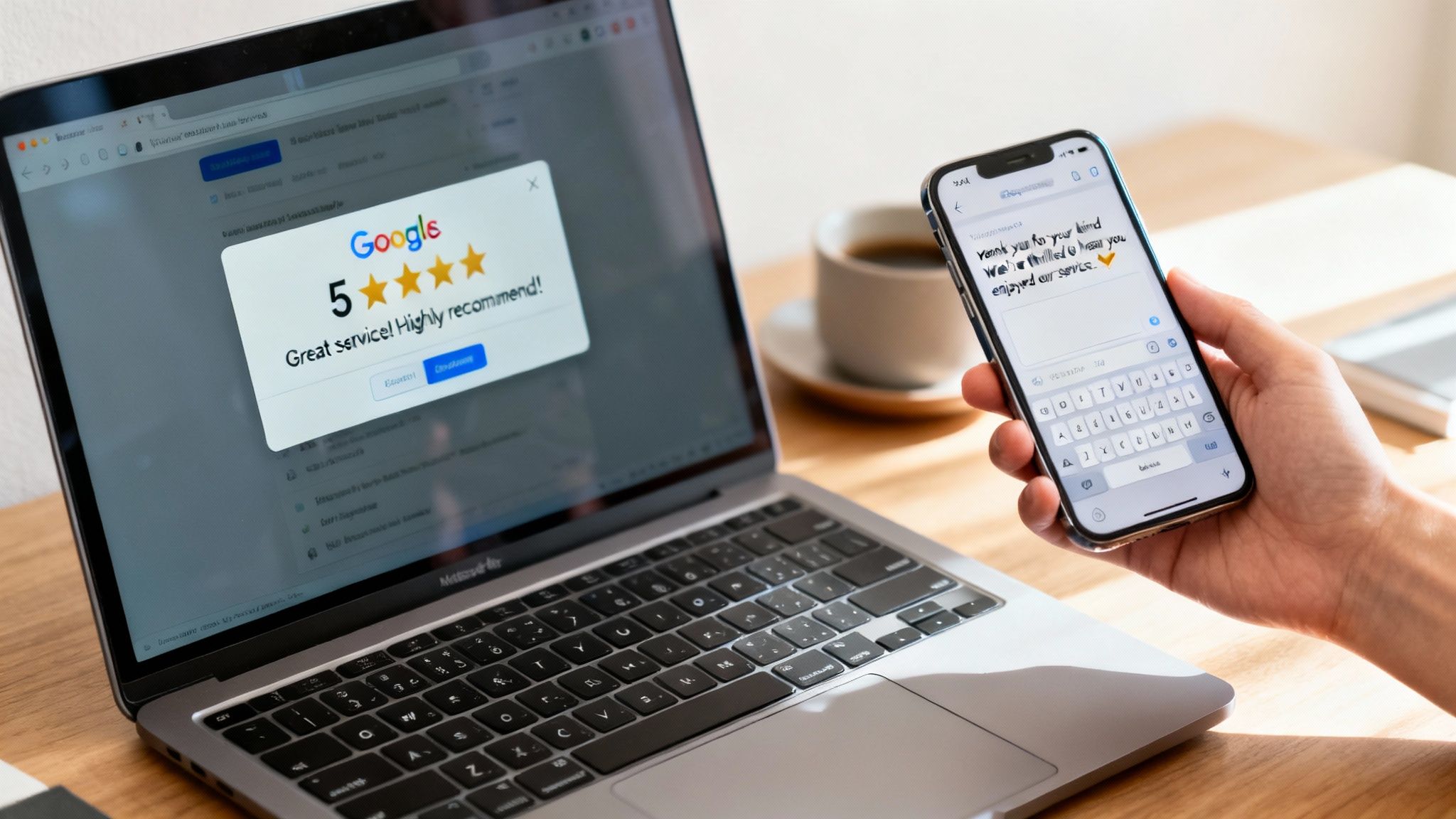 Person writing positive Google review on phone next to laptop displaying five star rating