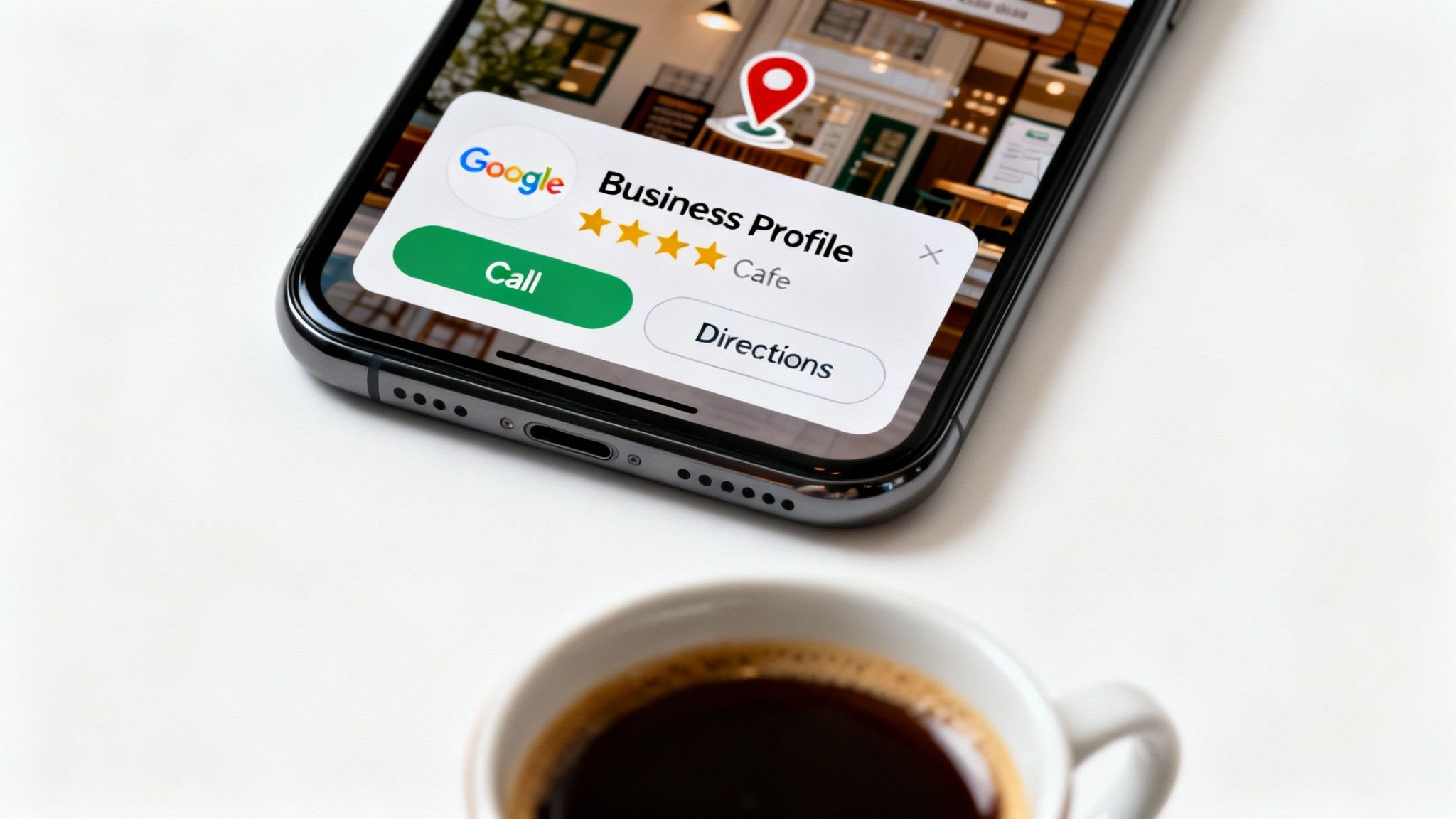 Google Business Profile displayed on smartphone screen showing cafe ratings, call button and directions option