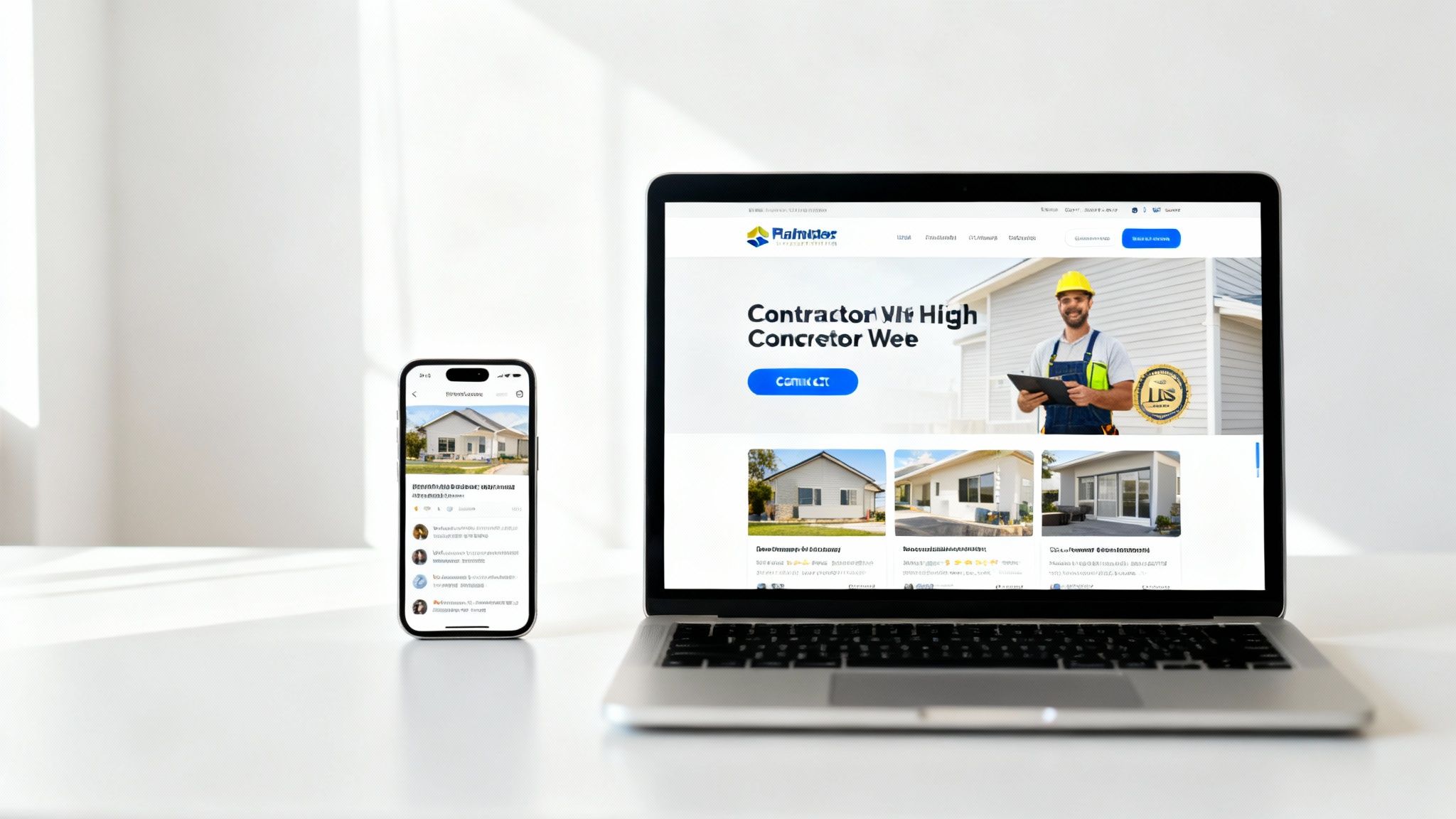 Contractor reviewing website design on a tablet in a modern office.